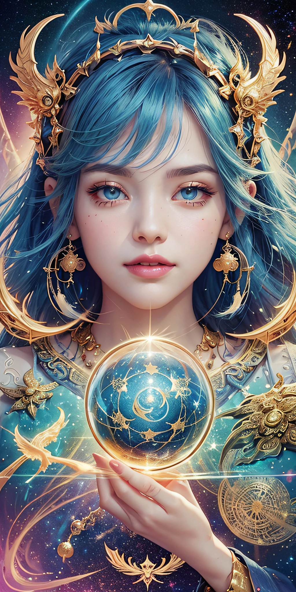 girl, blue hair, long bangs, phoenix eyes, crescent lips, lip moisturizer, multiverse, fractal art, floating in space, chinese dragon, golden dragon, claws, fangs, animal eyes, whirling, astrolabe, milky translucent, glitter, ethereal, pastel colors, prisms, official art, incomparable style women, (zentangle, mandala, tangled, entangled) , Sacred Light, Gold Leaf, Gold Foil Art, Glitter Map, Perfect NwsjjMajic