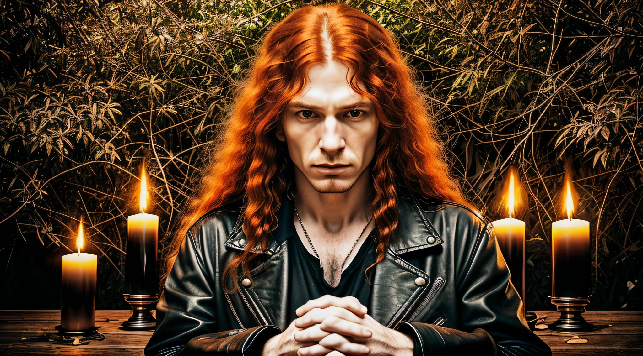 man with long red hair and a leather jacket praying, megadeth, masterful art, rip, cult leader, heaven on earth, an amazing photo, he is wearing a black t-shirt, wonderful masterpiece, masterpiece, high quality image, album, robert plant, masterpiece artwork, "loss of inner self, badass composition, flowing ginger hair, music