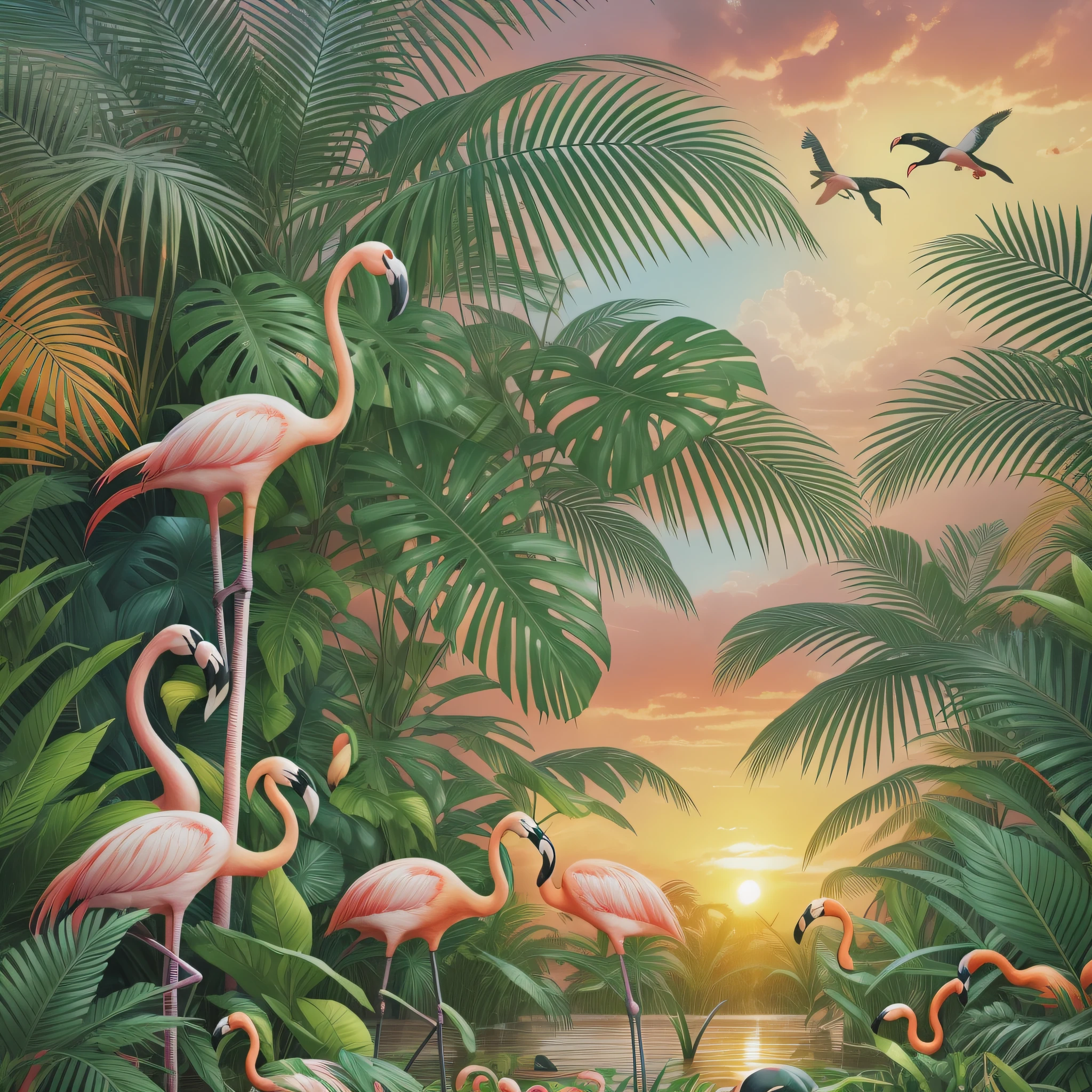create a tropical forest, lush, healthy, zebras and toucans, ultra-realistic, flamingos in the background, on rainy day, sky with sunset, Nikon 2.8, blurred background, cinematic lighting, modern, fine in detail, hyper-realism, national geographic style, masterpiece, 8k --auto --s2
