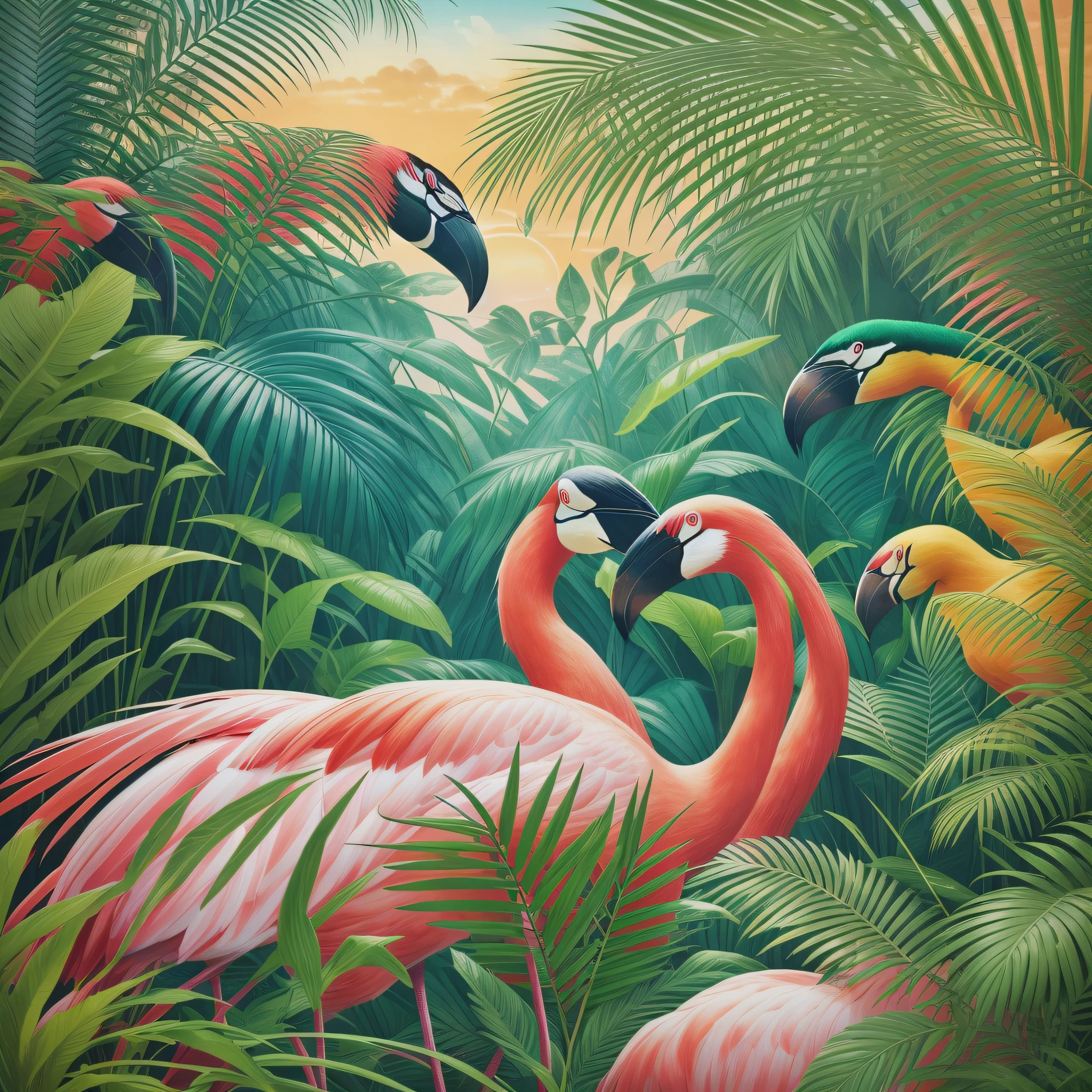 create a tropical forest, lush, healthy, zebras and toucans, ultra-realistic, flamingos in the background, on rainy day, sky with sunset, Nikon 2.8, blurred background, cinematic lighting, modern, fine in detail, hyper-realism, national geographic style, masterpiece, 8k --auto --s2