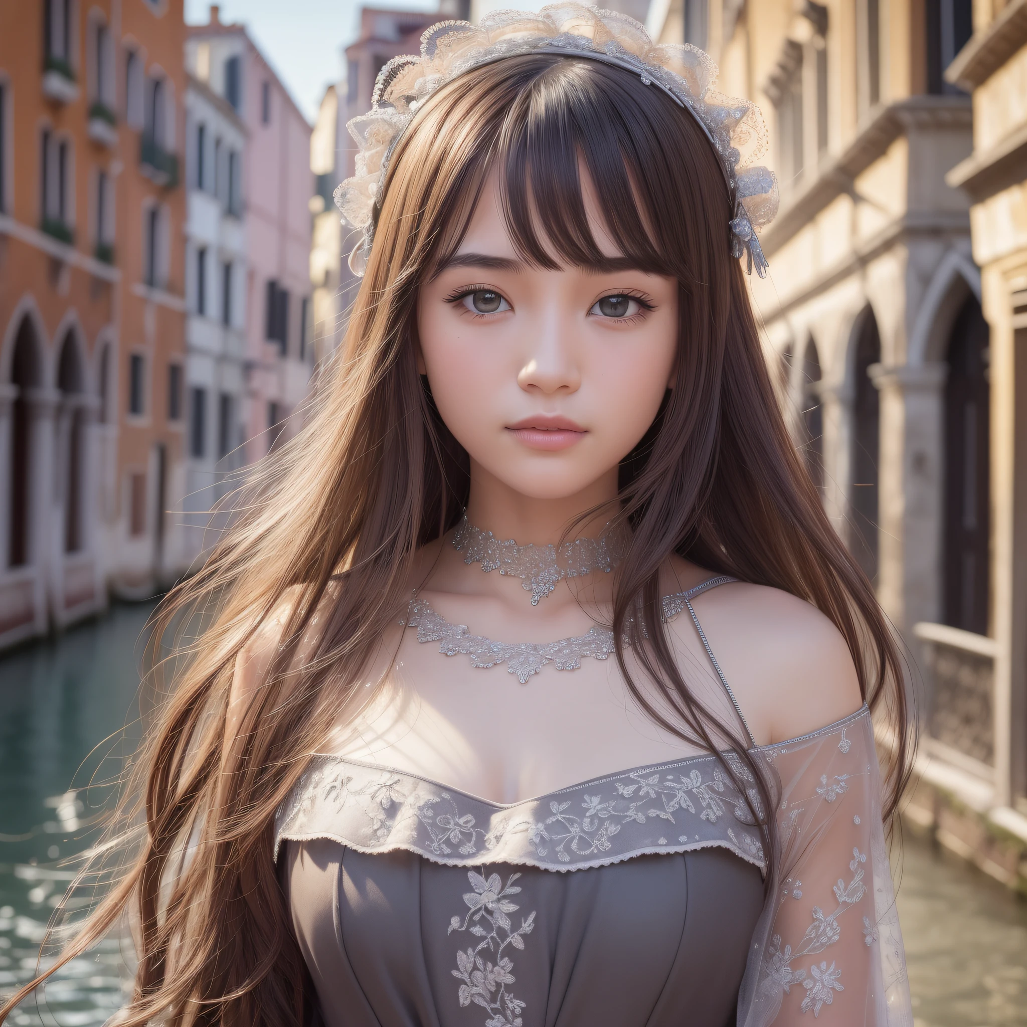 1 Girl in dress, (Venice: 1.2), (RAW photo, top quality), (Realistic, Photorealistic: 1.4), masterpiece, very delicate and beautiful, very detailed, amazing, fine detail, highly detailed CG Unity 8k wallpaper, super detailed, high resolution, soft light, beautiful detailed girl, highly detailed eyes and face, beautiful detailed nose, beautiful detailed eyes, movie lighting, perfect anatomy, (slim body: 1.3), smile, long hair, Japan person, 20s
