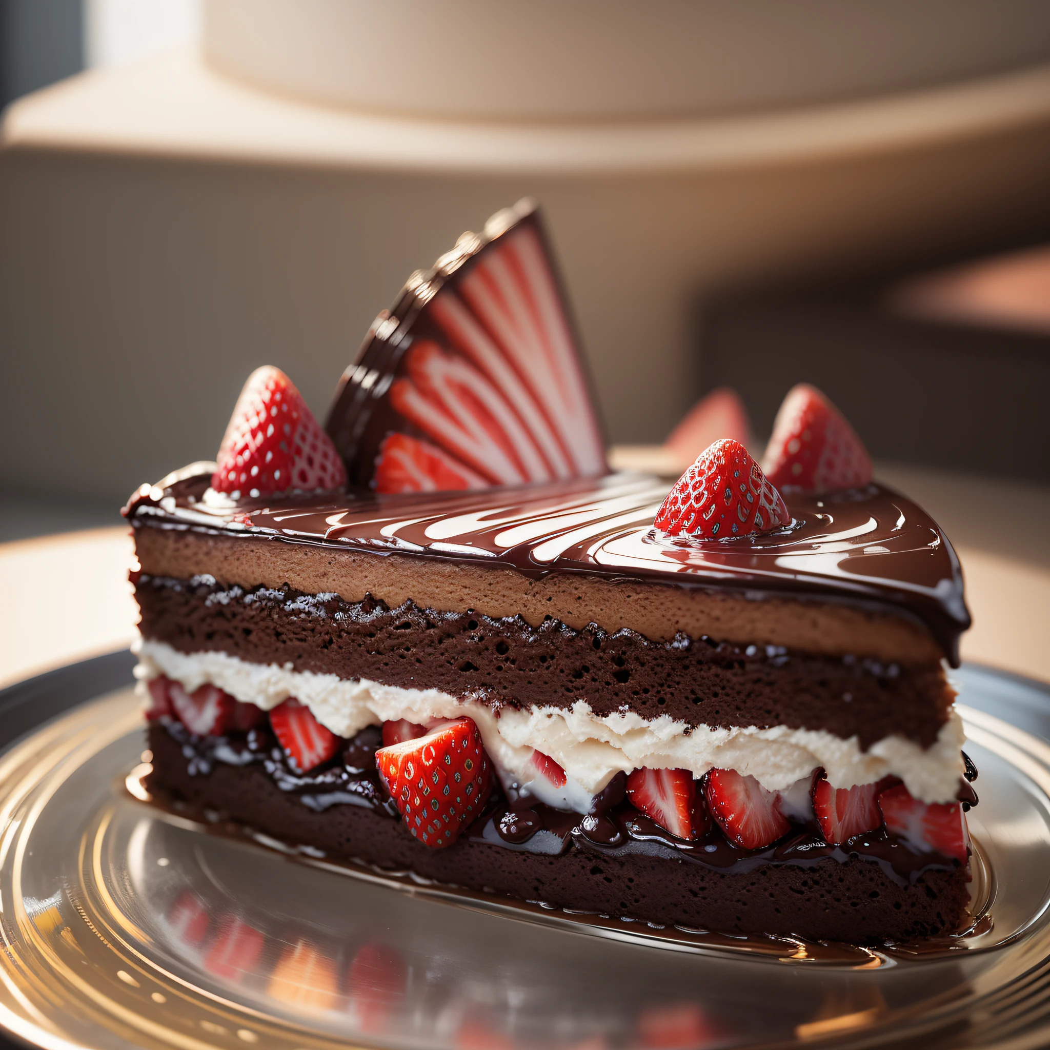 (high quality masterpiece: 1.5), layered chocolate cake slice, strawberries on top, side view, photorealistic, high details, intricate, sharp focus, 8K, HD, Full-HD, Ultra-HD, Super-Resolution, Megapixel, subsurface scattering, edge lighting, edge light, edge lighting, best lighting, refreshing, Lumen reflections, screen space reflections, Post-processing, Post-production, TXAA, De-Noise, Shaders --auto --s2
