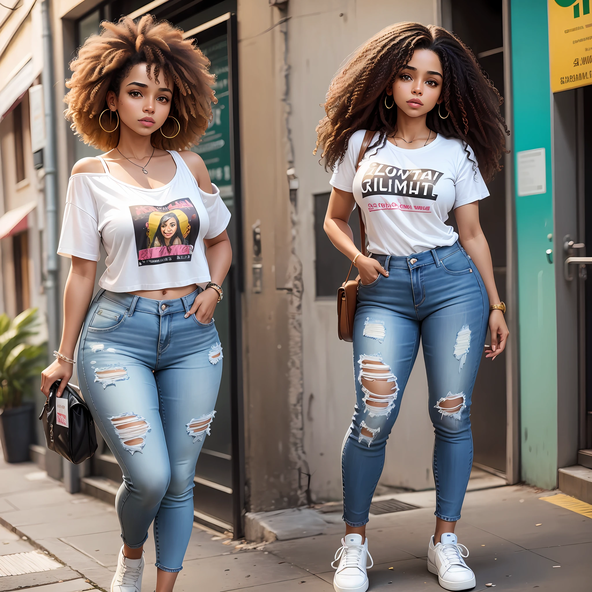 Brazilian woman,brown woman,woman curly hair,shoulder hair,full body, jeans, white sneakers,t~shirts and married,suit, 2d expressive style --auto --s2
