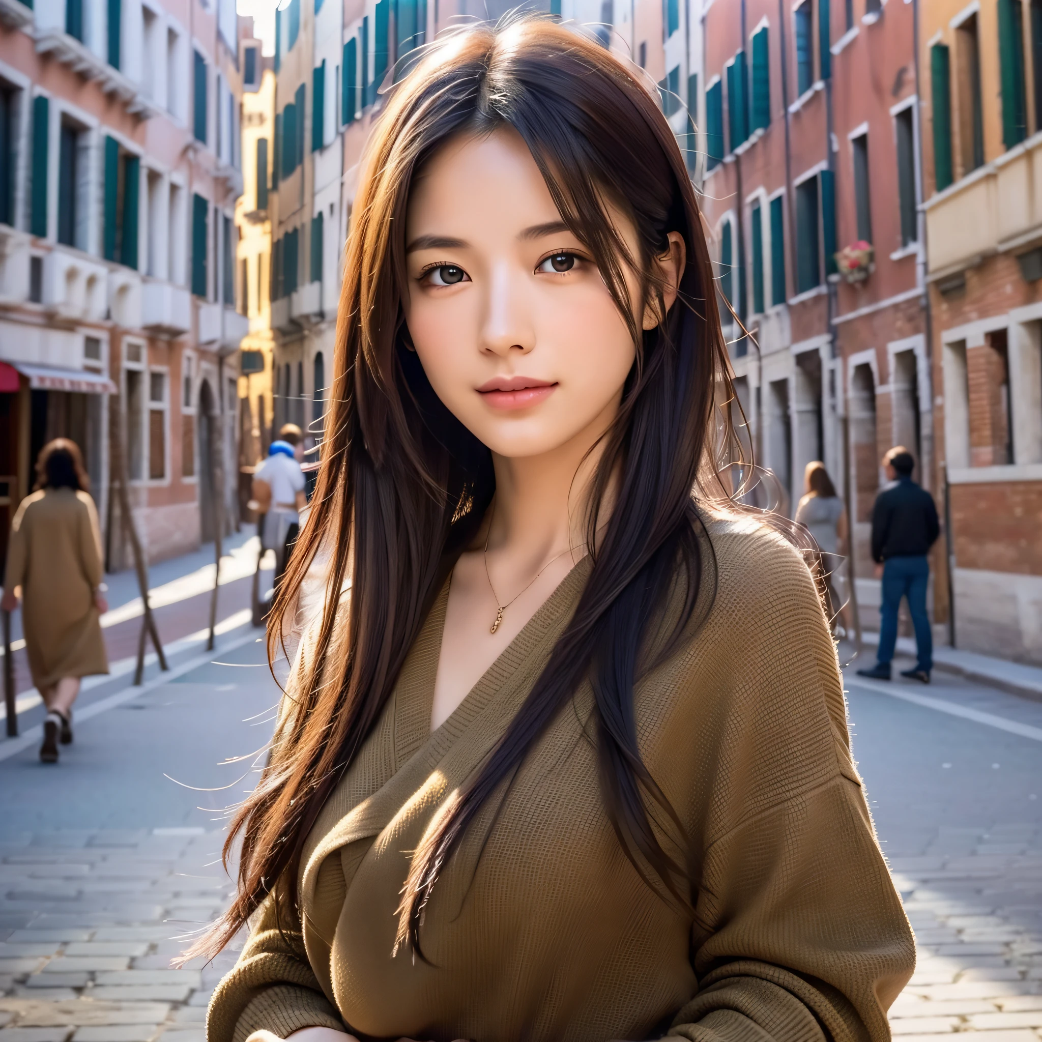 T-shirt, (Venice: 1.2), (RAW photo, highest quality), (Realistic, Photorealistic: 1.4), masterpiece, very delicate and beautiful, very detailed, amazing, fine detail, highly detailed CG Unity 8k wallpaper, super detailed, high resolution, soft light, beautiful detailed girl, highly detailed eyes and face, beautiful detailed nose, beautiful detailed eyes, movie lighting, Perfect anatomy, (slim body: 1.3), smile, long hair, Japan person, 20s