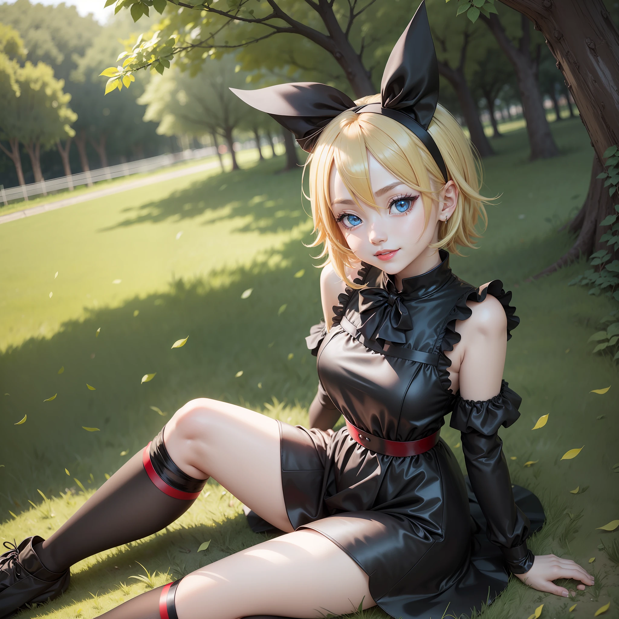 Kagamine rin, knee-length black dress, blue eye and red eye, black tights, sitting on the grass, blond hair, red lips, sweet smile --auto --s2