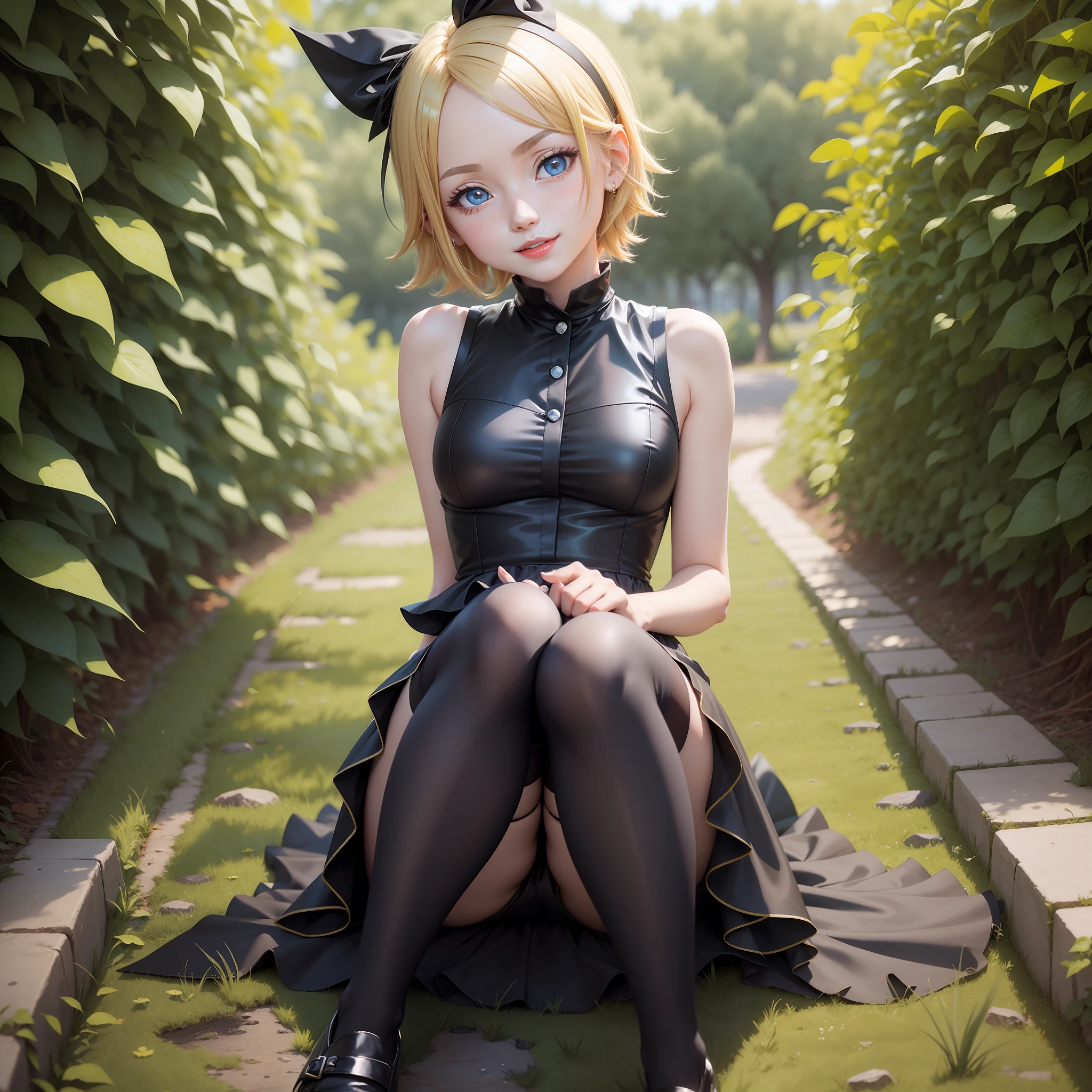 Kagamine rin, knee-length black dress, blue eye and red eye, black tights, sitting on the grass, blond hair, red lips, sweet smile --auto --s2