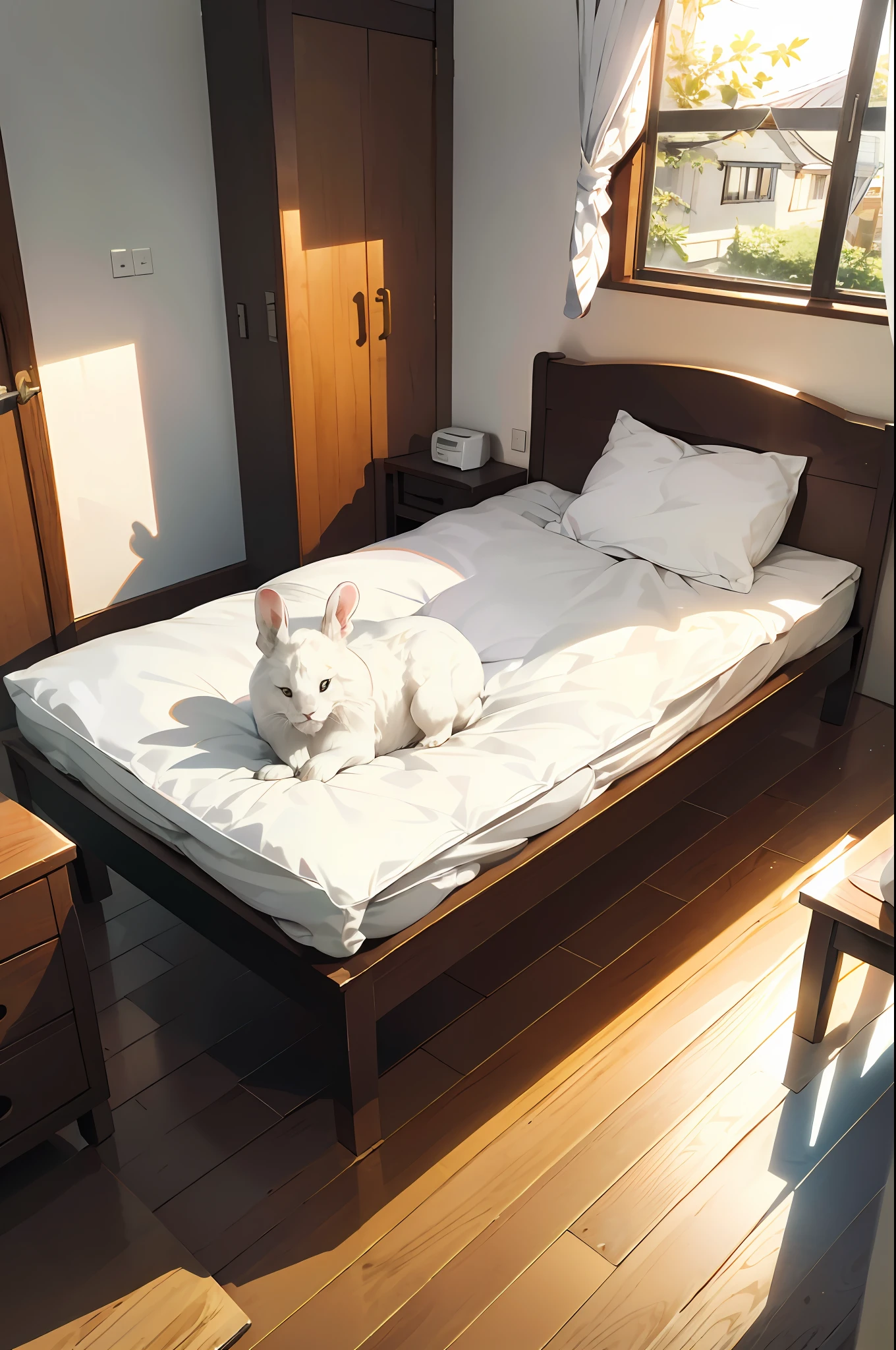 (Best Quality, 8k, 32k, Masterpiece, UHD: 1.3), White Rabbit, White Lion Rabbit, Fan, Japanese-style room, Summer Daytime Japanese-style room, Hot