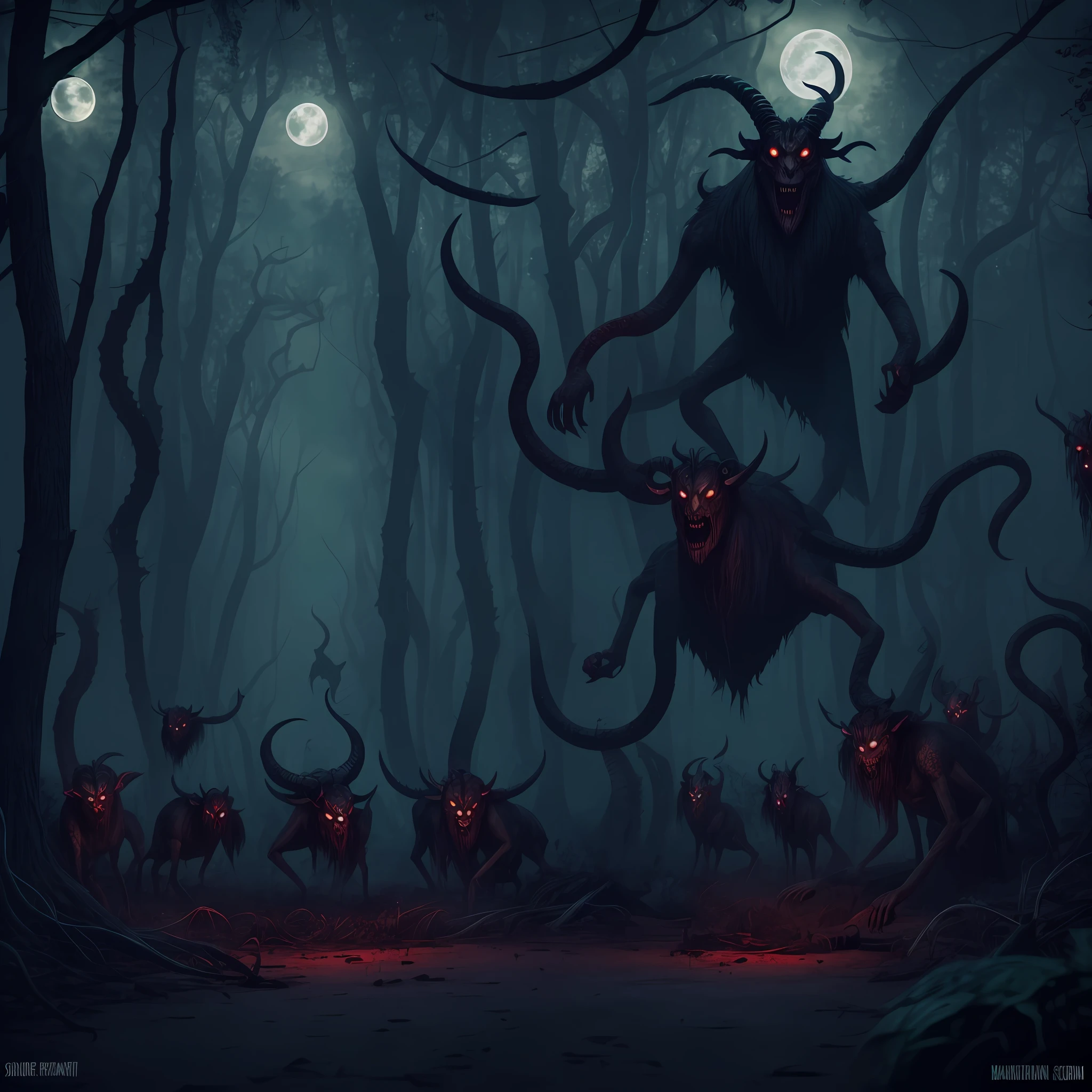 Forest, at night, moonlight, seven-headed, ten-horned monster, scary red eyes, long arms, ghastly, terrifying body, looking at a human, blood on the ground, goat, serpent, demon, scary face. Maximum quality.
