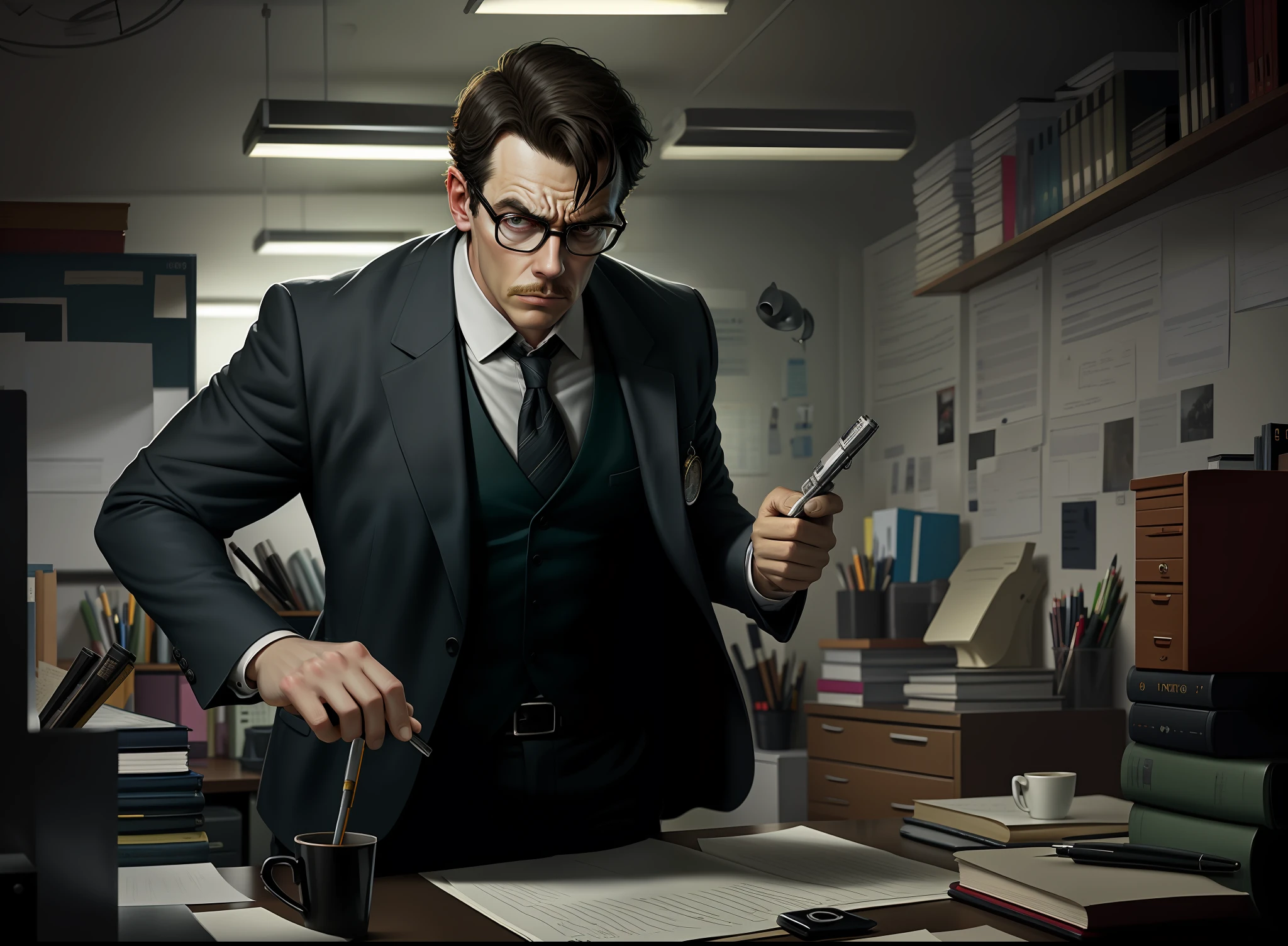Detective man in a dark and cluttered office, gloomy mood