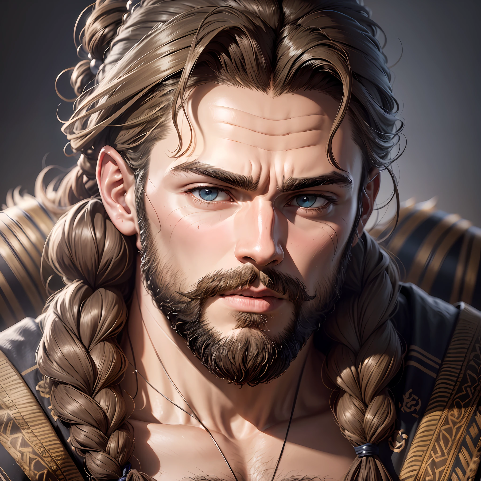 (symmetry), centered, a (((next)) portrait from above, (Samson) a strong brunette man, with braid in hair and beard, wearing animal skin, 35mm, natural skin, clothing details, 8k texture, 8k, insane details, complex details, hyperdetailed highly detailed, realistic, soft cinematic light, HDR, sharp focus, ((((cinematic visual)))), intricate, elegant, highly detailed --auto --s2
