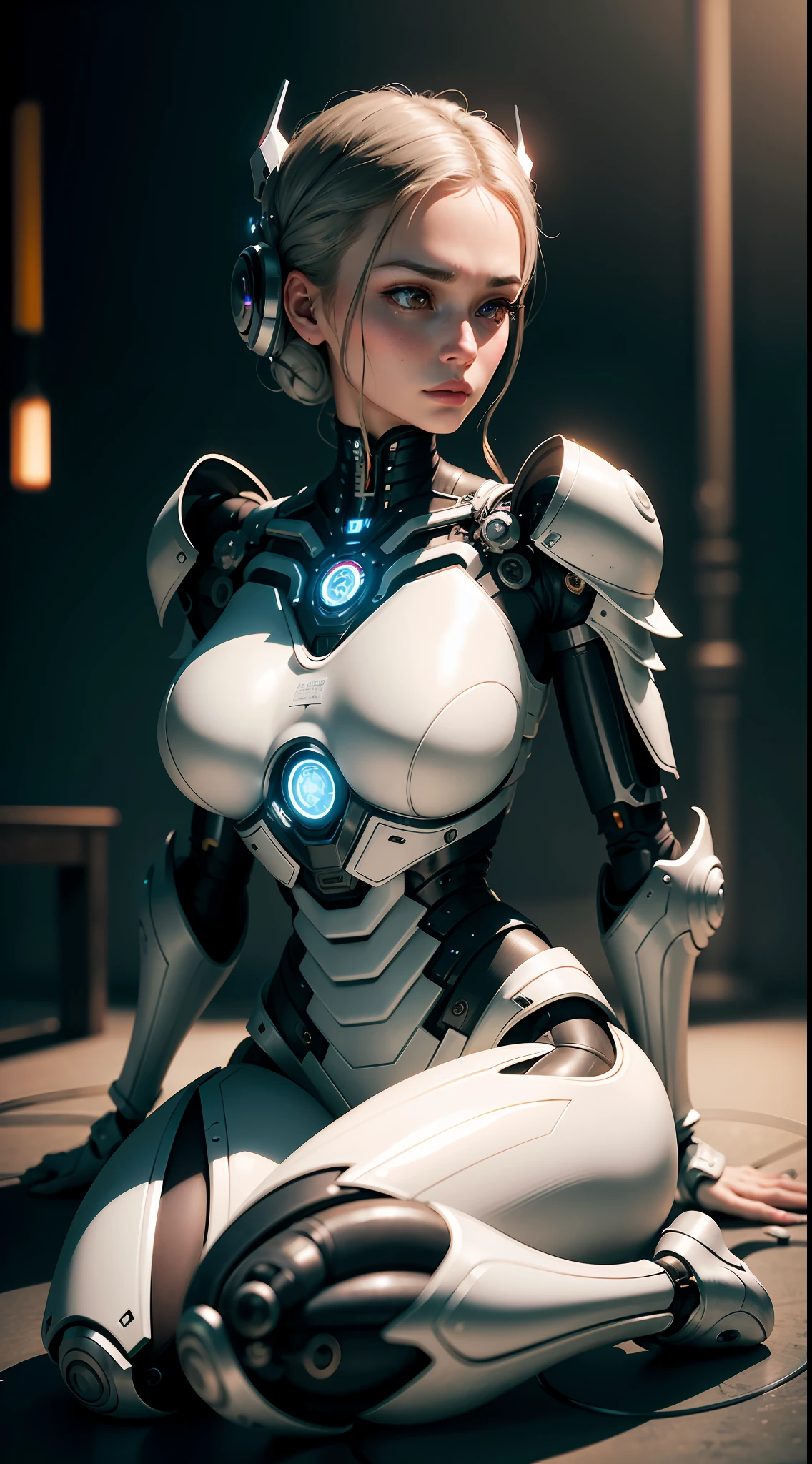 complex 3d render ultra detailed of a beautiful porcelain profile woman android face, cyborg, robotic parts, 150 mm, beautiful studio soft light, rim light, vibrant details, luxurious cyberpunk, lace, hyperrealistic, anatomical, facial muscles, cable electric wires, microchip, elegant, beautiful background, octane render, H. R. Giger style, 8k, best quality, masterpiece, illustration, an extremely delicate and beautiful, extremely detailed ,CG ,unity ,wallpaper, (realistic, photo-realistic:1.37),Amazing, finely detail, masterpiece,best quality,official art, extremely detailed CG unity 8k wallpaper, absurdres, incredibly absurdres, , robot, silver halmet, full body, sitting