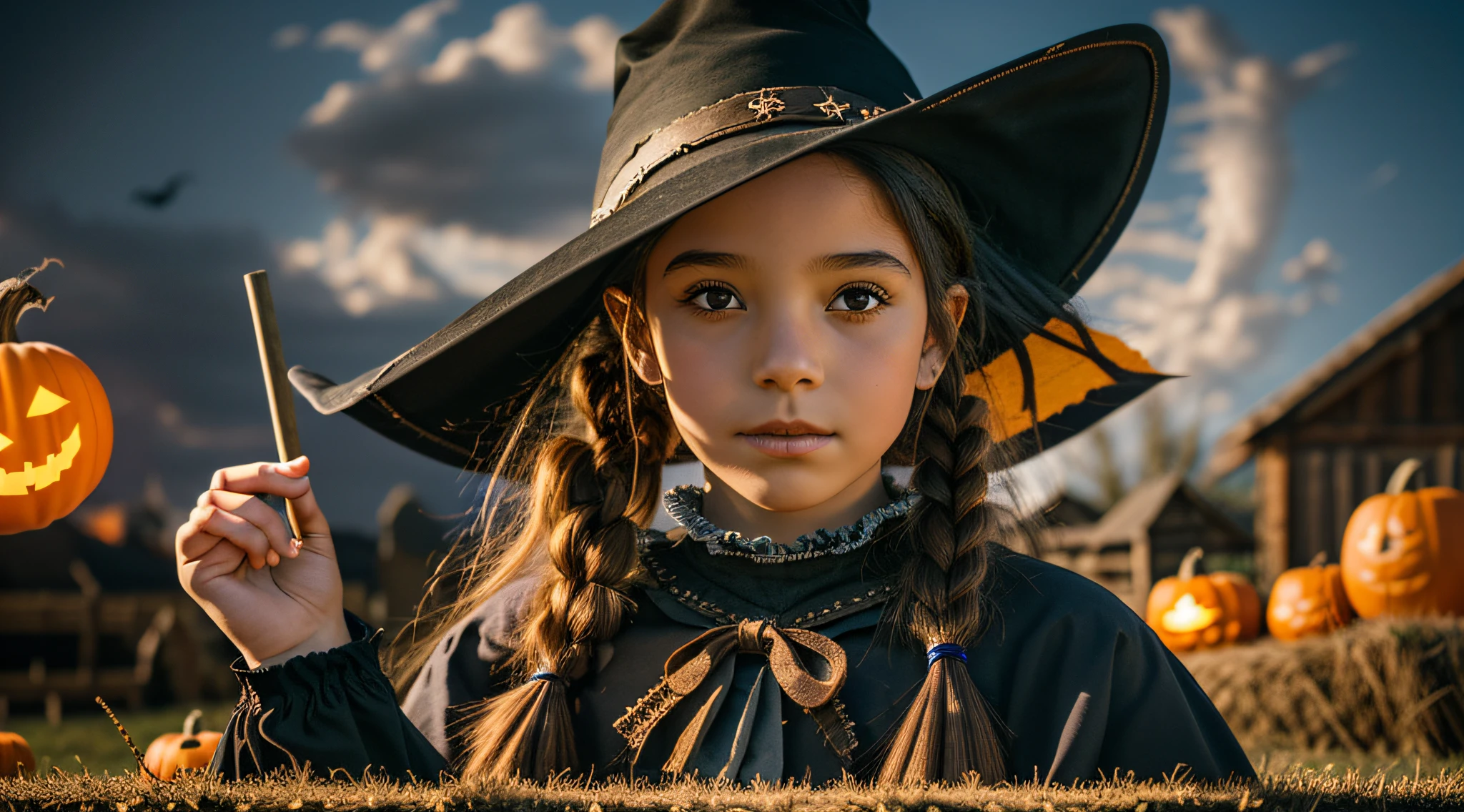 there is a young girl dressed in a witch costume holding a broom, beautiful cowboy witch, cowgirl, portrait of a young witch girl, cow-girl, western cowgirl, dressed as a western sheriff, in a halloween style, broomstick, portrait of a young witch, with black pigtails, witch girl, with straw hat, willow smith young, photoshoot