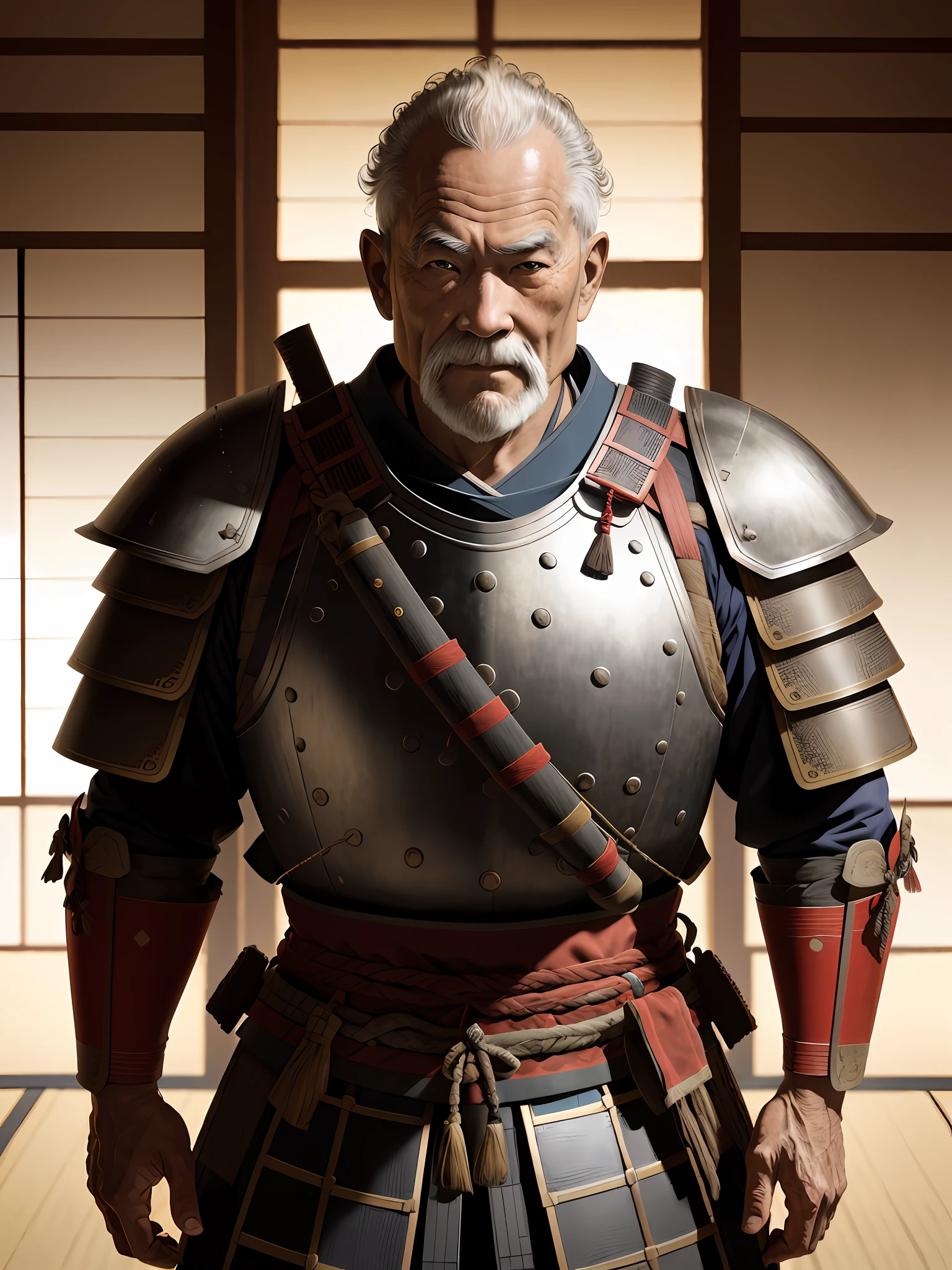 1 Old man warrior in Japanese castle, wearing samurai armor, short curly hair, drop shadow, halftone, vanishing point, diffraction peaks, f/1.8, Nikon, high detail, UHD, masterpiece, best quality, highres, 16k, war background