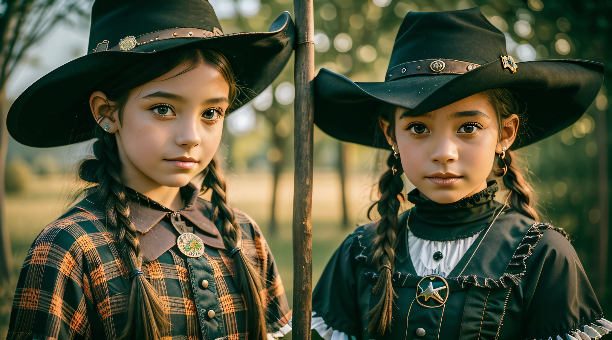 there is a young girl dressed in a witch costume holding a broom, beautiful cowboy witch, cowgirl, portrait of a young witch girl, cow-girl, western cowgirl, dressed as a western sheriff, in a halloween style, broomstick, portrait of a young witch, with black pigtails, witch girl, with straw hat, willow smith young, photoshoot