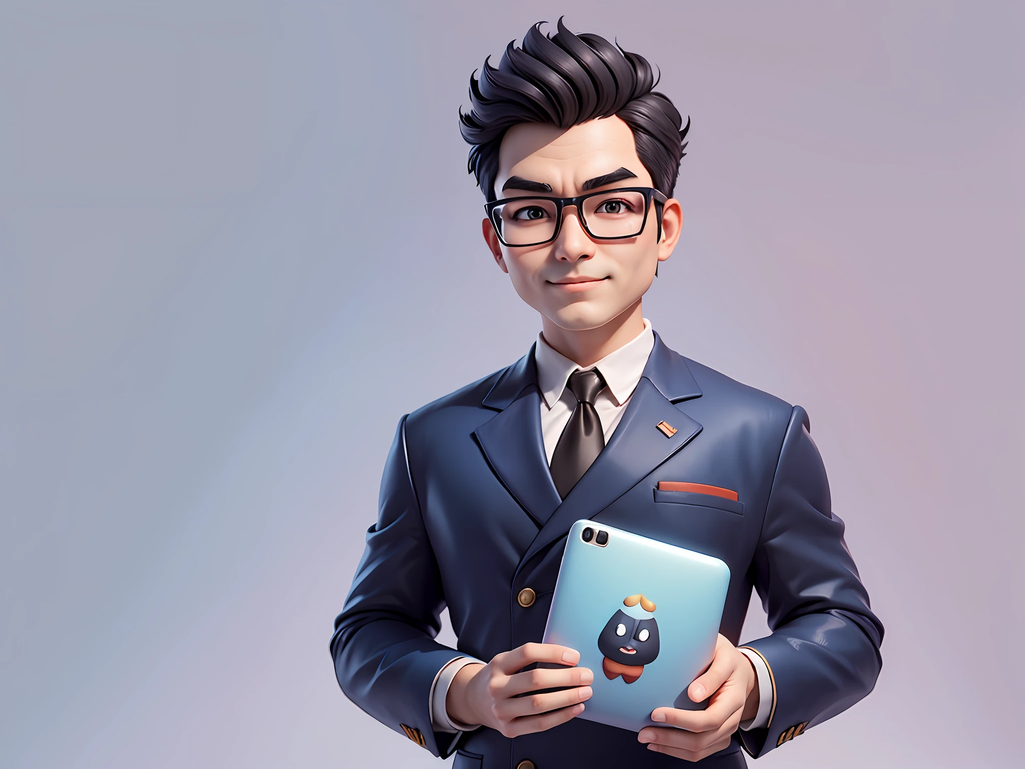 (Masterpiece), (Excellent), (Super Meticulous), (Full Body: 1.2), Super Young Woman, Beautiful, Sexy, Bursting, Oriental Face, TV Anchor, Bust Portrait Illustration, Alone, Black Suit, Blue Tie, Silver Glasses, Slightly Chubby Face, Very Clean Face, No Beard, Black Super Short Hair, Black Eyes, Confident Smile, 3c Computer Sub-Products, iPad, iPhone, Digital Painting, 3D Character Design by Mark Claireldon and Pixar and Hayao Miyazaki, The illustration is a high-definition illustration in 4K resolution with very detailed facial features and cartoon-style visuals.