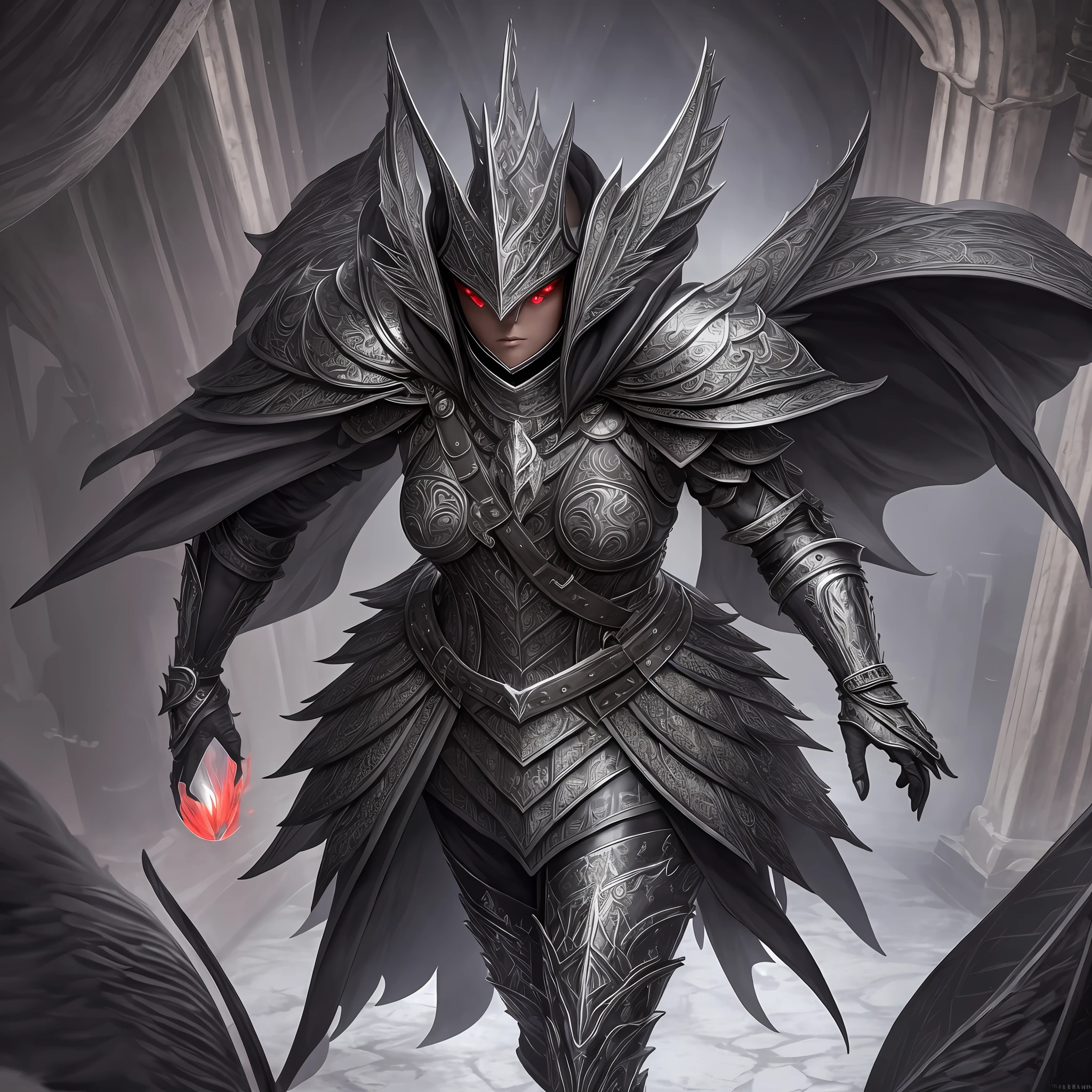 extremely detailed 8k wallpaper), intricate, highly detailed, dramatic, The Dragon Lady uses highly detailed black steel shoulder pads that look like dragon's heads and are adorned with shimmering silver embellishments and ornaments, a gray cloak superimposed with an extremely well-detailed large hood that goes deeply drawn on the young bearded face, extremely detailed gray feather wings with translucent velvety red membranes, insanely realistic graphics, insanely detailed details, ultra realistic and highly detailed black steel armor with glossy silver gloss details in a silver gray tunic, extremely detailed heavy black armor Steel gloves, steel boots with reinforced shiny silver decorations, in a vaulted hall during the tour of the shadowy cathedral on a velvet carpet red, (shown in perspective from above) during the passage of a shadowy vaulted passage and with several windows through the bright light falls, --auto --s2