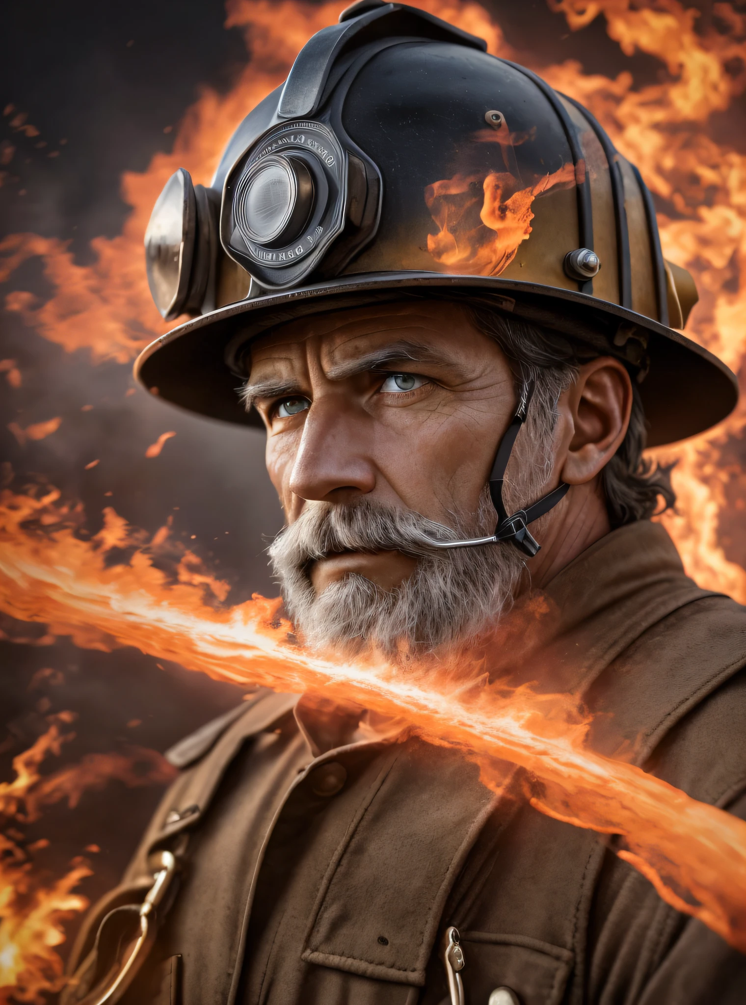 Capture the essence of bravery in a hyper-realistic, high-definition 8K portrait of a courageous fireman. The old man firefighter should exude strength and determination, wearing full firefighting gear and holding a helmet with authority. Pay meticulous attention to intrinsic details, such as the reflection of flames in their visor, the texture of the protective suit, and the intensity of their focused gaze. Utilize dramatic lighting to enhance the heroic atmosphere, casting shadows that accentuate the contours of the firefighter's face. The background can feature a subtle hint of a burning building or billowing smoke, emphasizing their heroic duty. Employ a professional-grade camera setup, including a medium format Hasselblad camera with a 100mm lens, shooting wide open at f/2.8 to achieve exceptional depth of field and sharpness. --auto --s2
