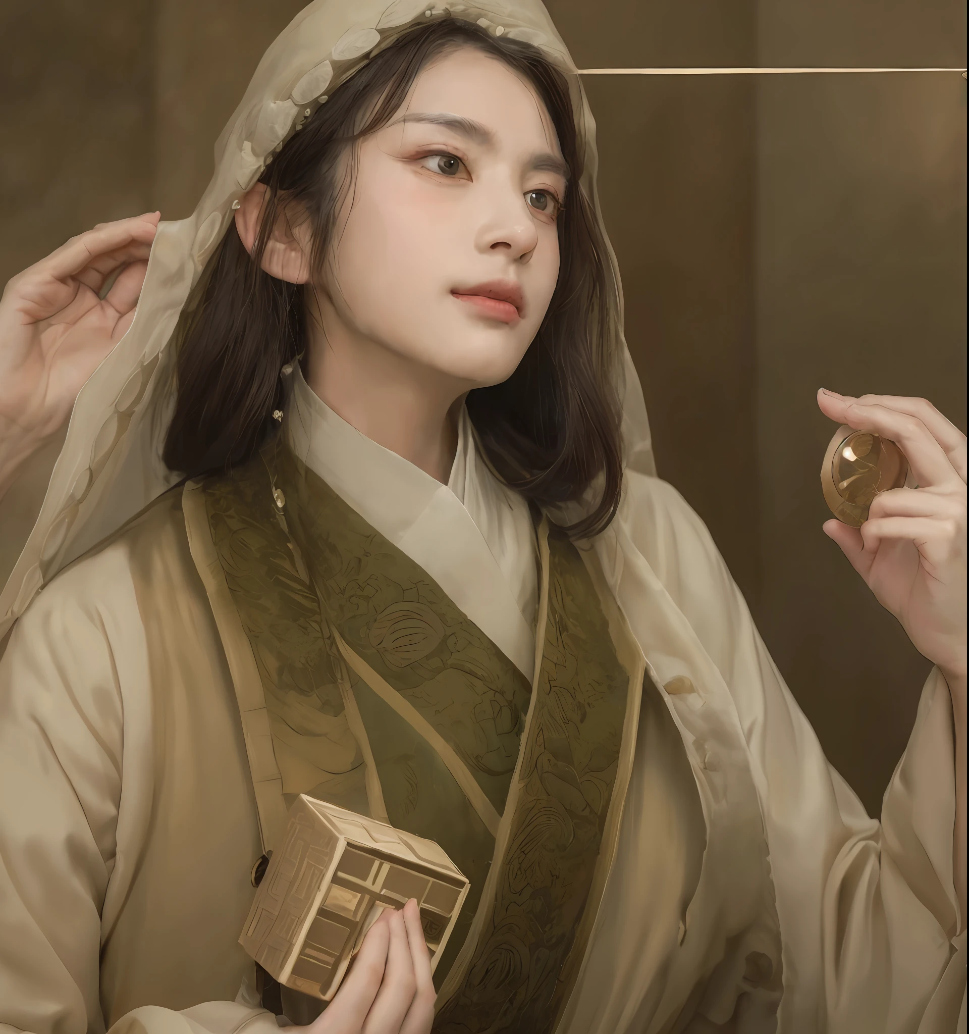 (ultra-detailed, best quality, masterpiece), floating, holding a coin and a small box, inspired by Cao Zhibai, Julian, Lu Ji, Wu Li, Wu Zuoren, Zhou Fang, Dong Yuan, Yun Ling, Heise Jin Yao, Li Tang, Wu Bin, and Zhang Senyao.
