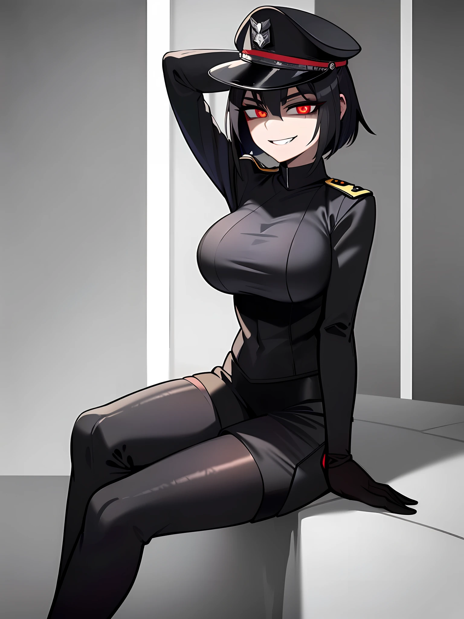 ((Masterpiece, top quality, super definition, ultra definition)), Solo, Full body, (((27-year-old goth woman in German official black leather uniform)))), ((wearing a black army leather hat)), ((Clear expression of body unevenness)), looking at the camera, (sitting with her back to the wall and bent knees), female body, nipple shape stands out, (((absurdly large breasts)),  red eyes, ((black hair bob)), front zoom, horizontal seat, yandere, (strong makeup), constricted pupils, blank star, (SFW), dark, detailed hands, (tall woman), ((sadistic smile)), sharp focus, dynamic angle, deep shadows