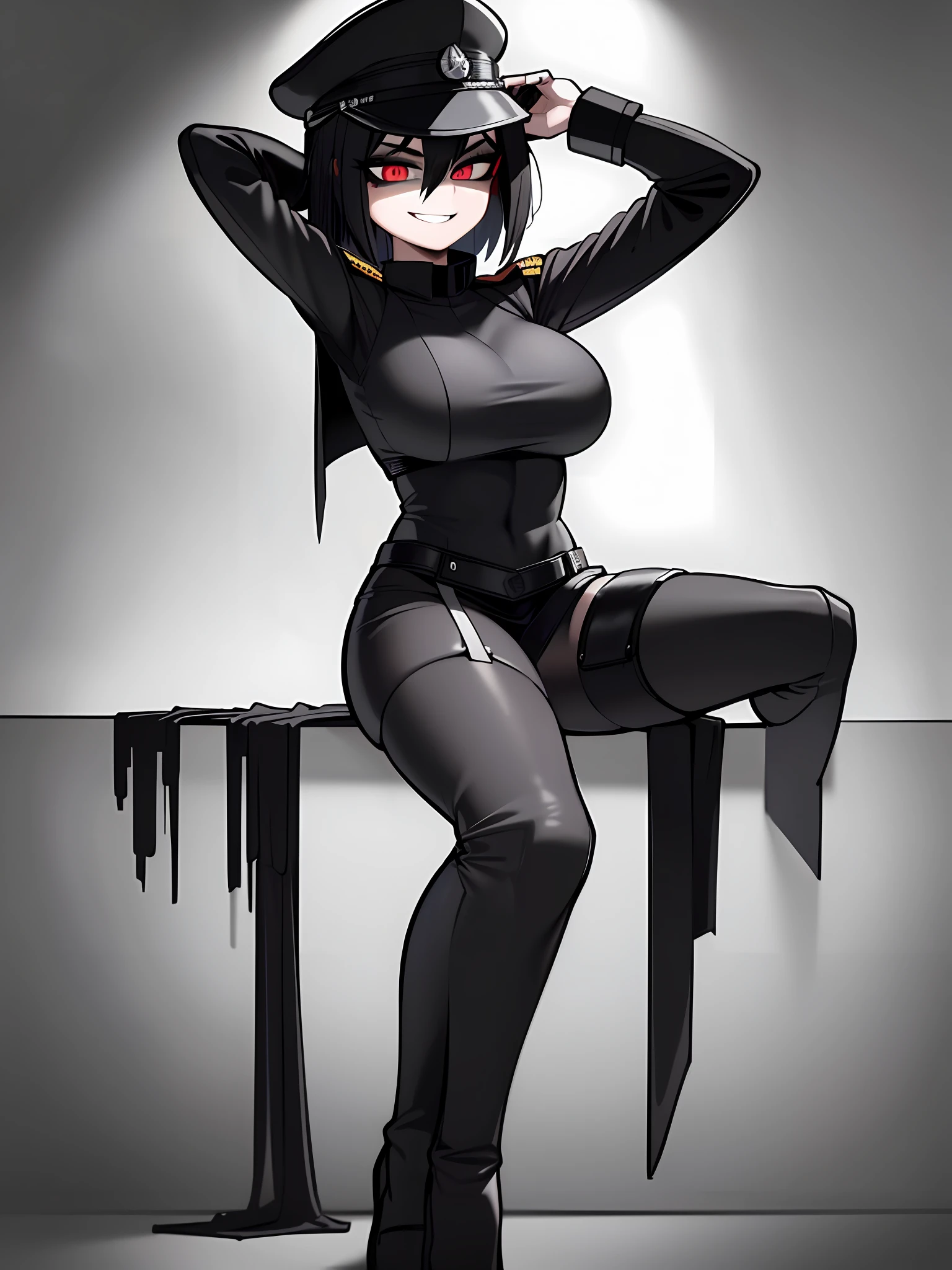 ((Masterpiece, top quality, super definition, ultra definition)), Solo, Full body, (((27-year-old goth woman in German official black leather uniform)))), ((wearing a black army leather hat)), ((Clear expression of body unevenness)), looking at the camera, (sitting with her back to the wall and bent knees), female body, nipple shape stands out, (((absurdly large breasts)),  red eyes, ((black hair bob)), front zoom, horizontal seat, yandere, (strong makeup), constricted pupils, blank star, (SFW), dark, detailed hands, (tall woman), ((sadistic smile)), sharp focus, dynamic angle, deep shadows