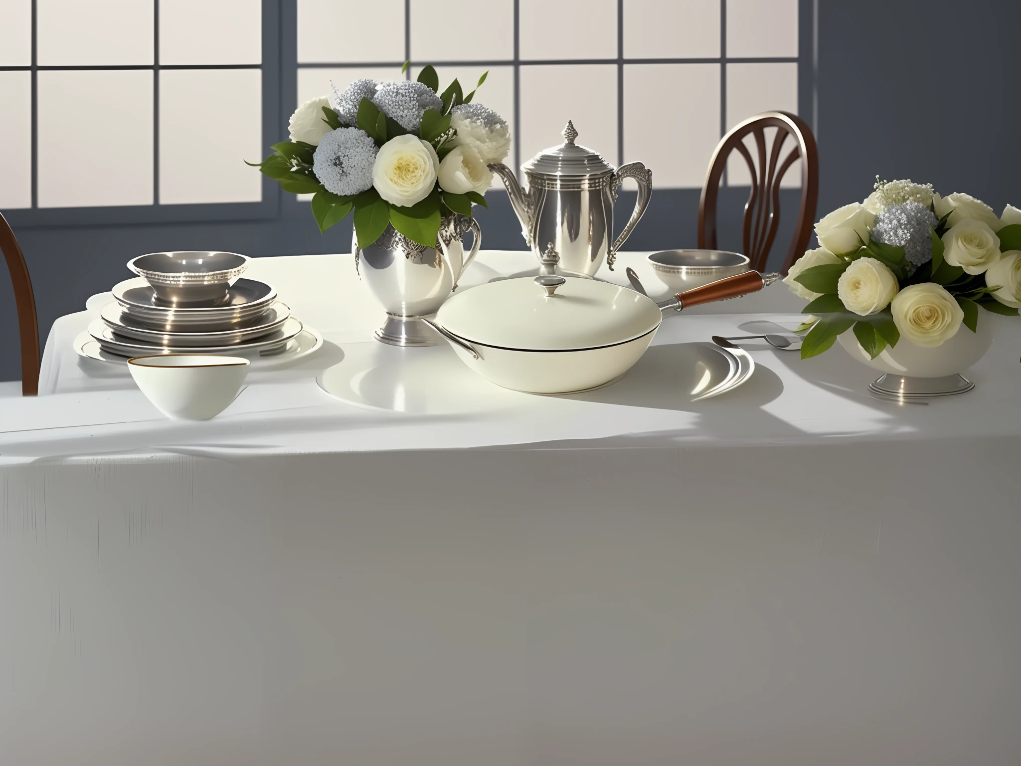 there is a table with a white table cloth and silverware, pearl silverplate, exquisite fine details, white tablecloth, silver，ivory, on a white table, on a sumptuous tablecloth, fine dining, rectangle white porcelain table, tablecloth, exquisite detail, crisp smooth lines, crisp smooth clean lines, hyper realistic”, hyper realistic ”, porcelain