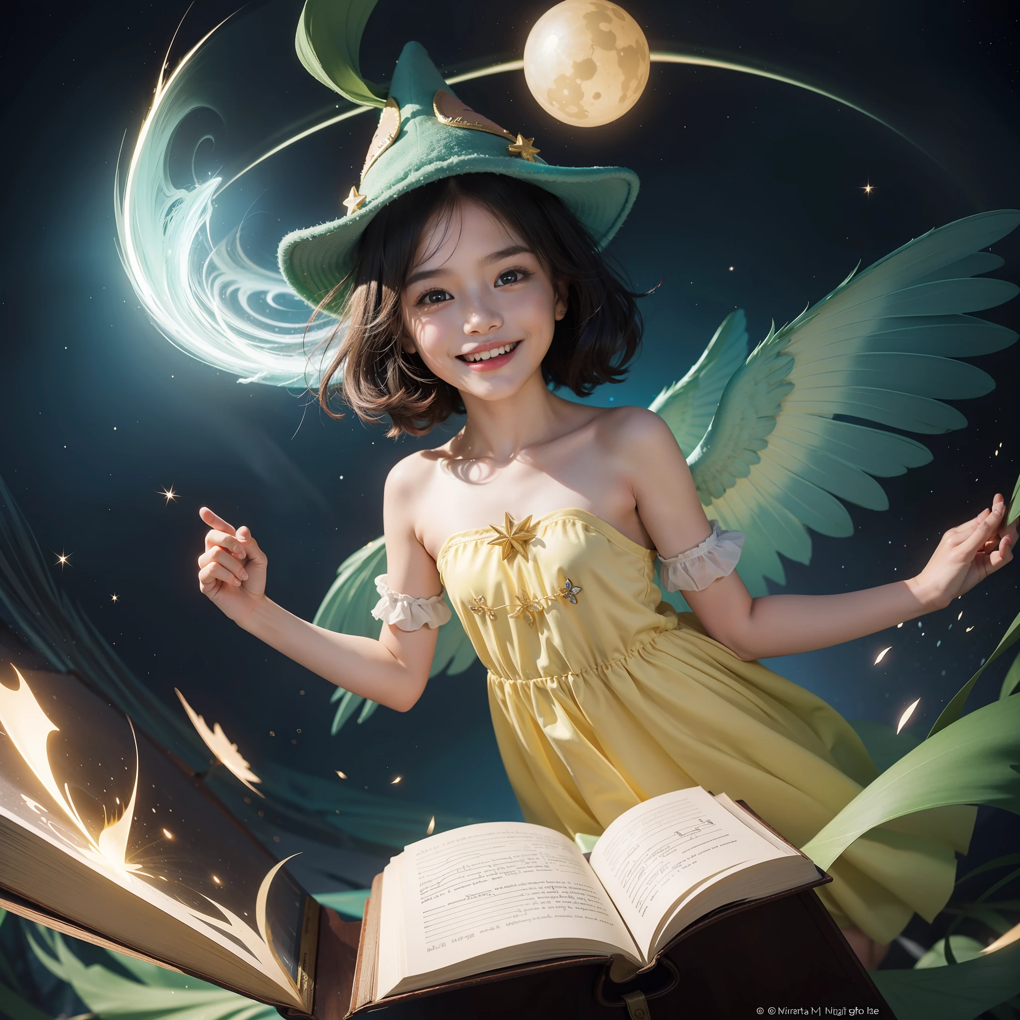 The logo is a charming and vibrant pictorial representation that captures the essence of imagination and fun. In the center, there is an open book with pages that seem to fly, like wings, in a graceful motion. The pages are filled with colorful illustrations of adorable characters and elements of nature, which reflect the magical world of children's stories.

Above the book, a small halo composed of bright stars creates a glow effect, conveying the feeling of enchantment and fascination. To the left of the book, an illustration of a smiling child, wearing a goblin hat, stares in wonder at the open book, representing the infectious joy of immersing himself in captivating stories.