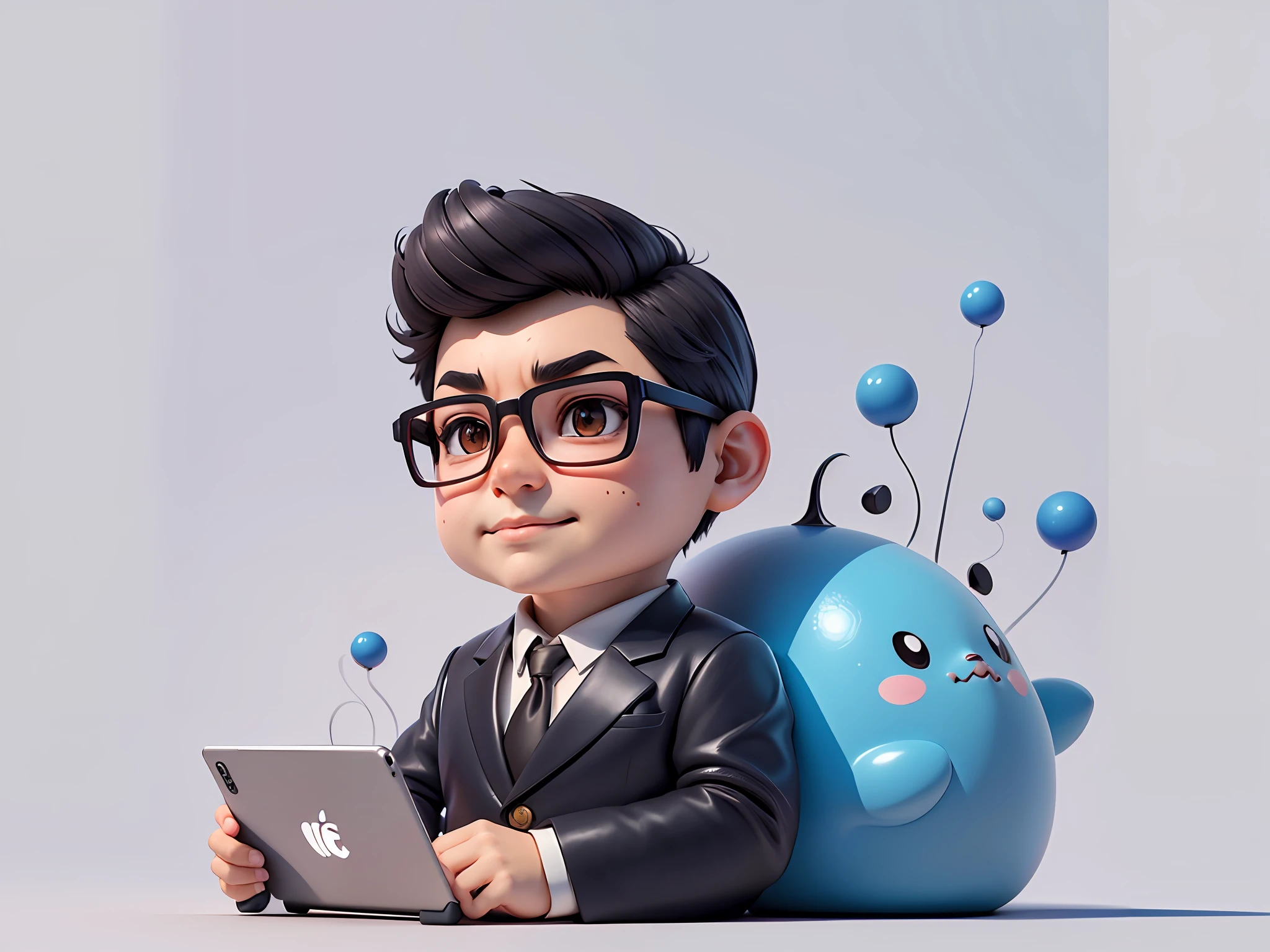 (Masterpiece), (Excellent), (Super Meticulous), (Full Body: 1.2), Super Young Woman, Beautiful, Sexy, Bursting, Oriental Face, TV Anchor, Bust Portrait Illustration, Alone, Black Suit, Blue Tie, Silver Glasses, Slightly Chubby Face, Very Clean Face, No Beard, Black Super Short Hair, Black Eyes, Confident Smile, 3c Computer Sub-Products, iPad, iPhone, Digital Painting, 3D Character Design by Mark Claireldon and Pixar and Hayao Miyazaki, The illustration is a high-definition illustration in 4K resolution with very detailed facial features and cartoon-style visuals.