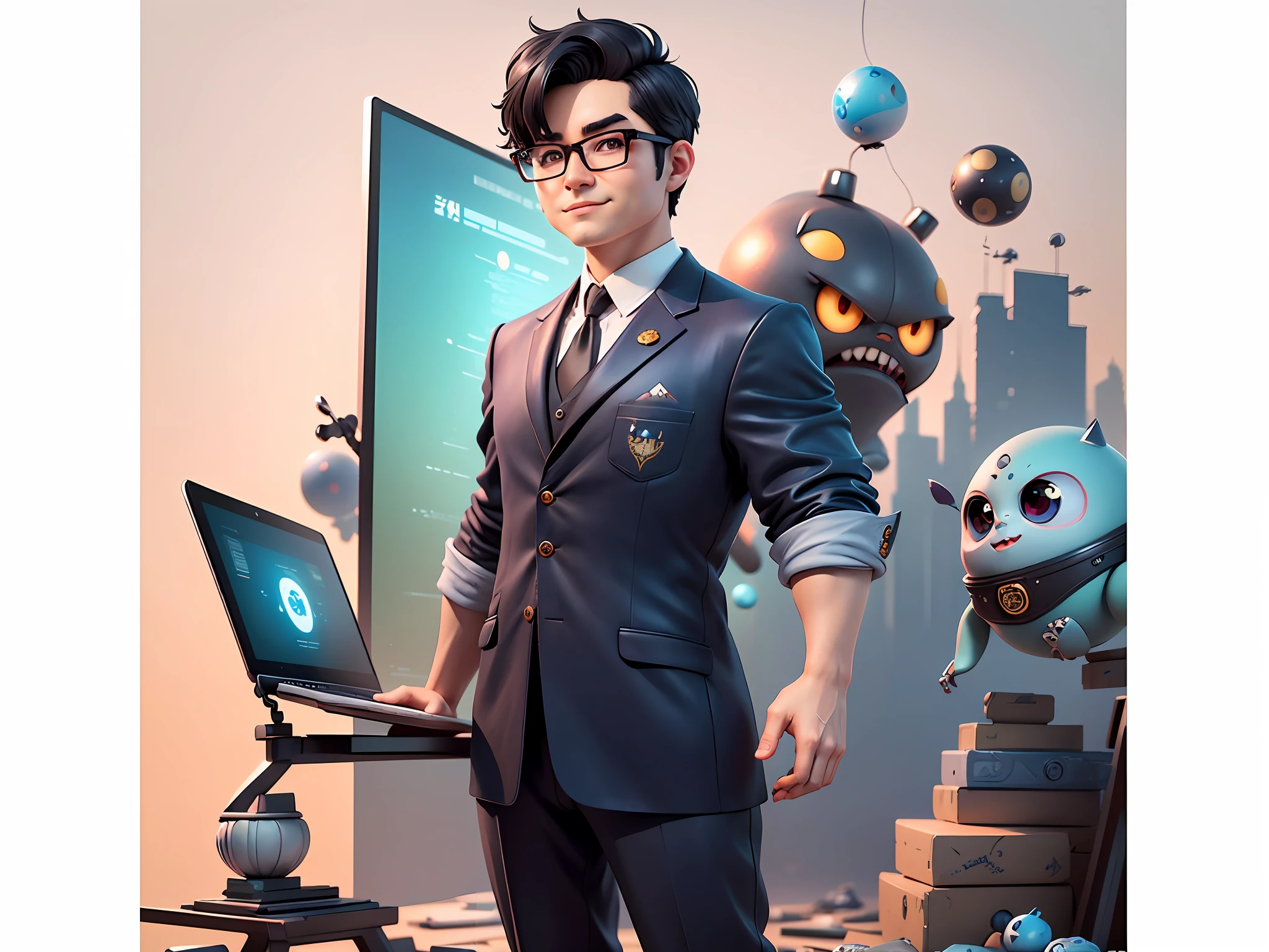 (Masterpiece), (Excellent), (Super Meticulous), (Full Body: 1.2), Super Young Woman, Beautiful, Sexy, Bursting, Oriental Face, TV Anchor, Bust Portrait Illustration, Alone, Black Suit, Blue Tie, Silver Glasses, Slightly Chubby Face, Very Clean Face, No Beard, Black Super Short Hair, Black Eyes, Confident Smile, 3c Computer Sub-Products, iPad, iPhone, Digital Painting, 3D Character Design by Mark Claireldon and Pixar and Hayao Miyazaki, The illustration is a high-definition illustration in 4K resolution with very detailed facial features and cartoon-style visuals.