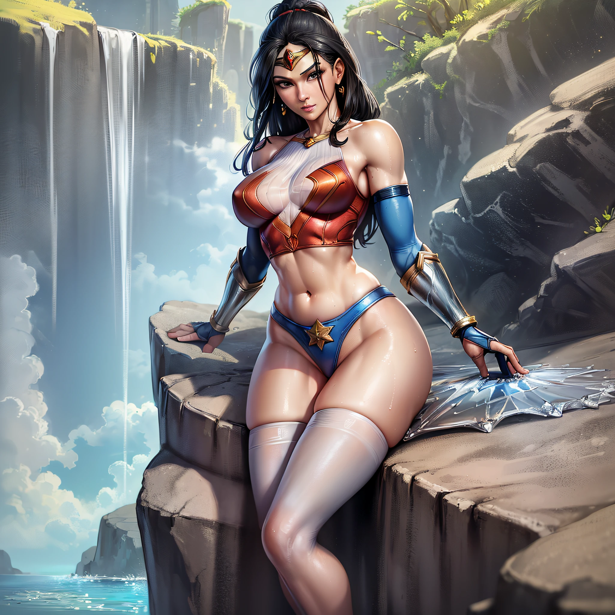 A closeup of wonder woman standing on a rock, extremely detailed artgerm, artgerm comic, (using, ((vaporous:1.2) (transparent:1.2) (white: 0.6) (chiffon) (crop top) grabbed (wet: 1.4) skin ): 1.2))),