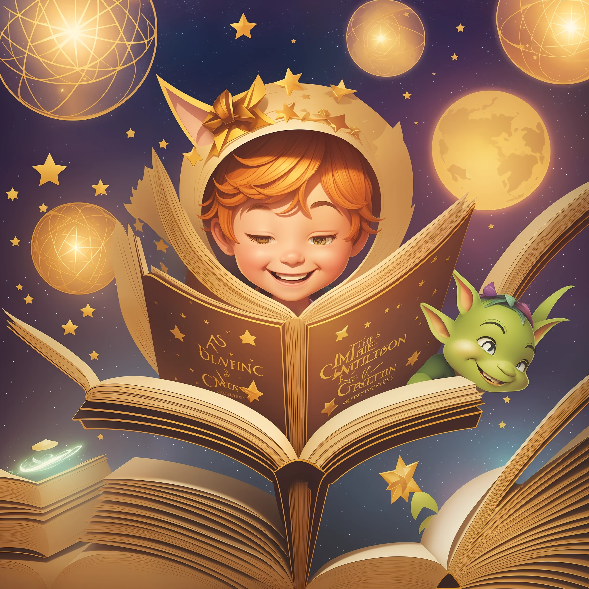 The logo is a charming and vibrant pictorial representation that captures the essence of imagination and fun. In the center, there is an open book with pages that seem to fly, like wings, in a graceful motion. The pages are filled with colorful illustrations of adorable characters and elements of nature, which reflect the magical world of children's stories.

Above the book, a small halo composed of bright stars creates a glow effect, conveying the feeling of enchantment and fascination. To the left of the book, an illustration of a smiling child, wearing a goblin hat, stares in wonder at the open book, representing the infectious joy of immersing himself in captivating stories.