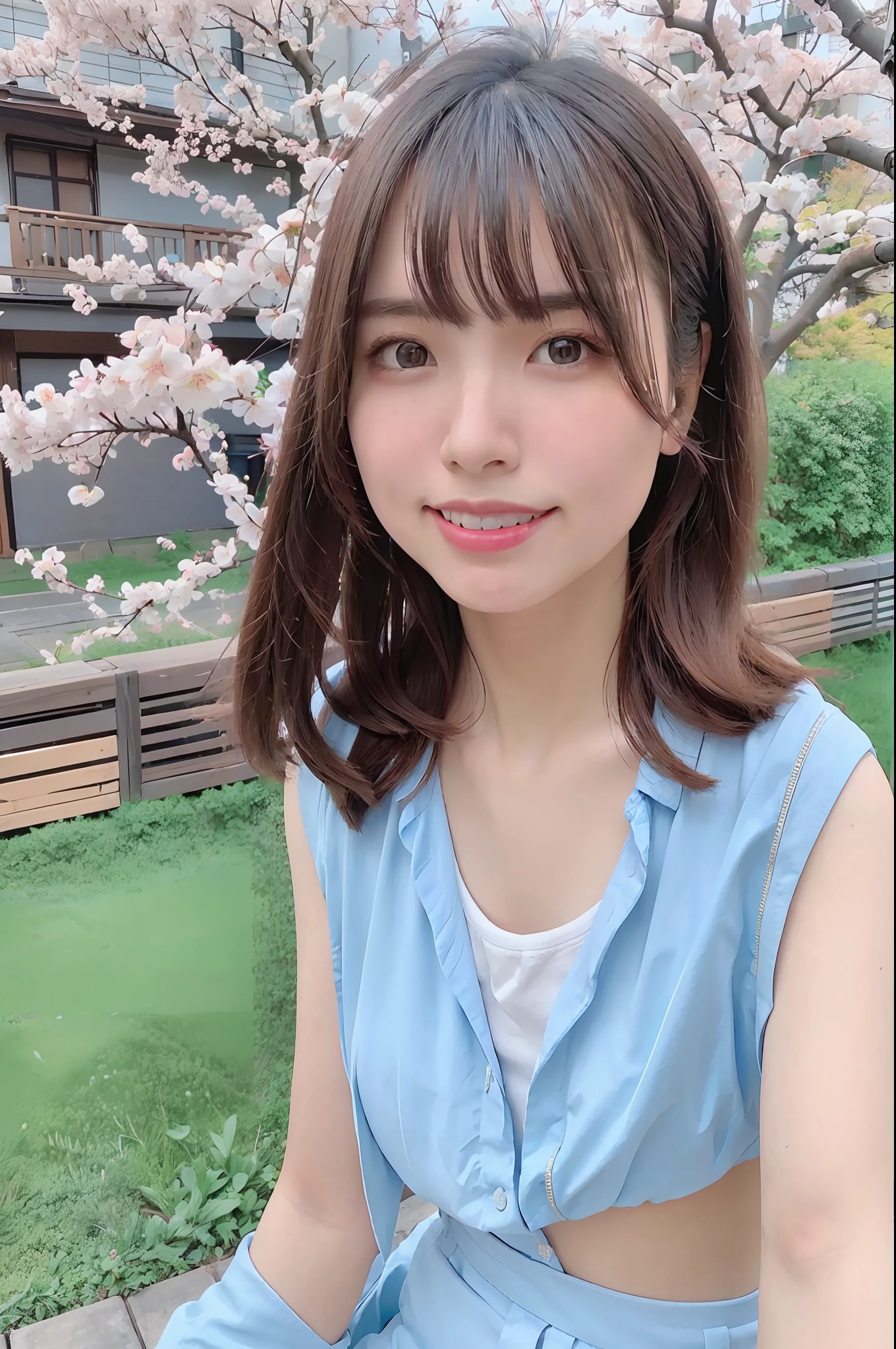 best quality, ultra high res, (photorealistic:1.4),blush,cute,(detailed face),light smile, 
looking at viewer,
upper body, japanese clothes, 
sunny,river,(cherry blossoms),blue sky,