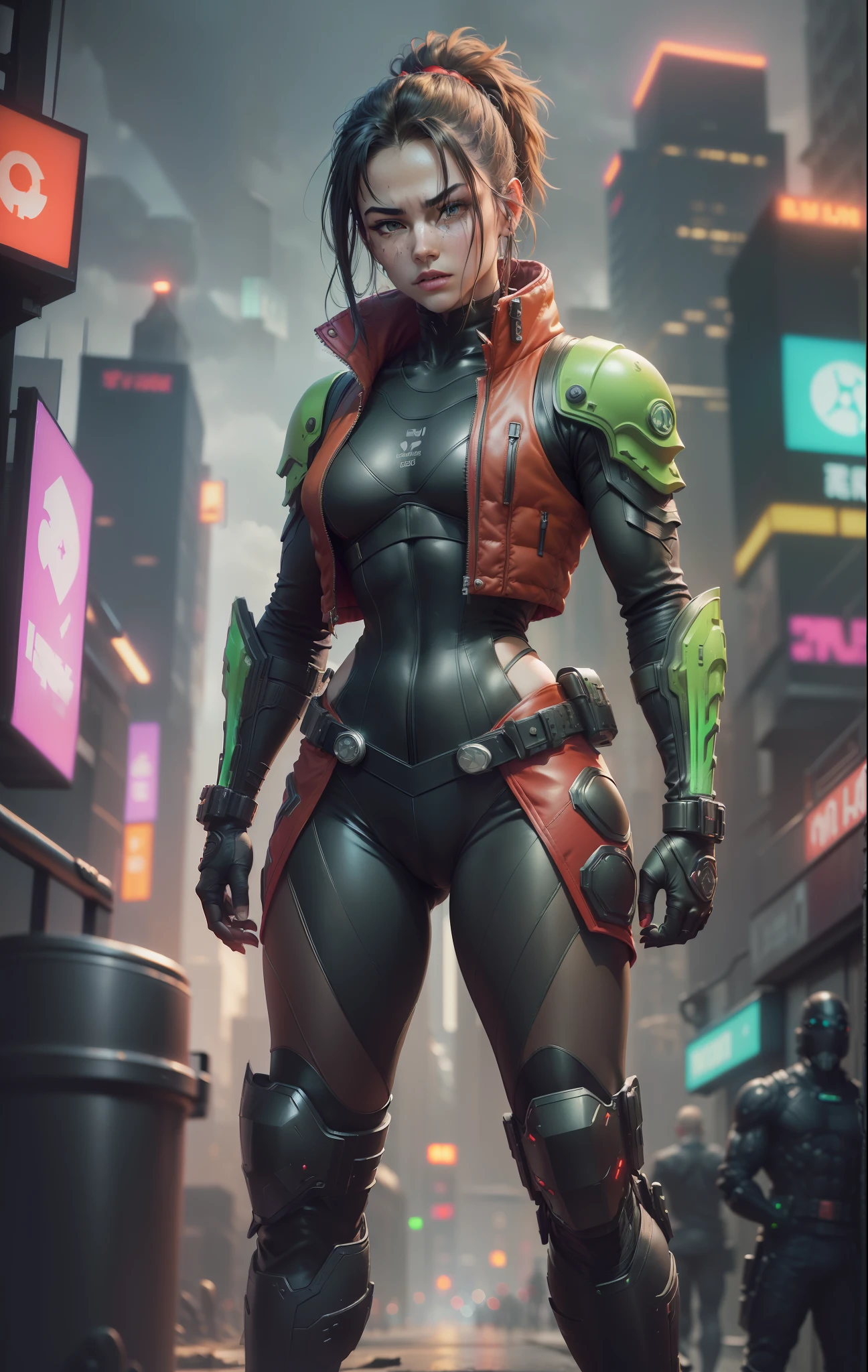 (
    (One character, young male character:1.3, strong body:1.4),(dragonborn head:1.4,)
    (Pose: full body:1.3, fighting stance)
(Outfit: futuristic black jumpsuit:1.3, ref knee pads, bulletprof red vest:1.4)
    (Background: dense cyberpunk street, dive bar, neon holograms in background, dark, ominous, foggy, night, futuristic city, cyberpunk, green and brown color scheme)
    (Style: 150mm, beautiful studio soft light, rim light, bright details, luxury cyberpunk, hyperrealistic, anatomical, facial muscles, octane render, H. R. Giger style, 8k, best quality, masterpiece, illustration, extremely detailed, CG, unity, absurdres, incredibly absurdres, photo-realistic:1.37, amazing, fine detail, masterpiece, best quality, official art, vibrant colors)
)