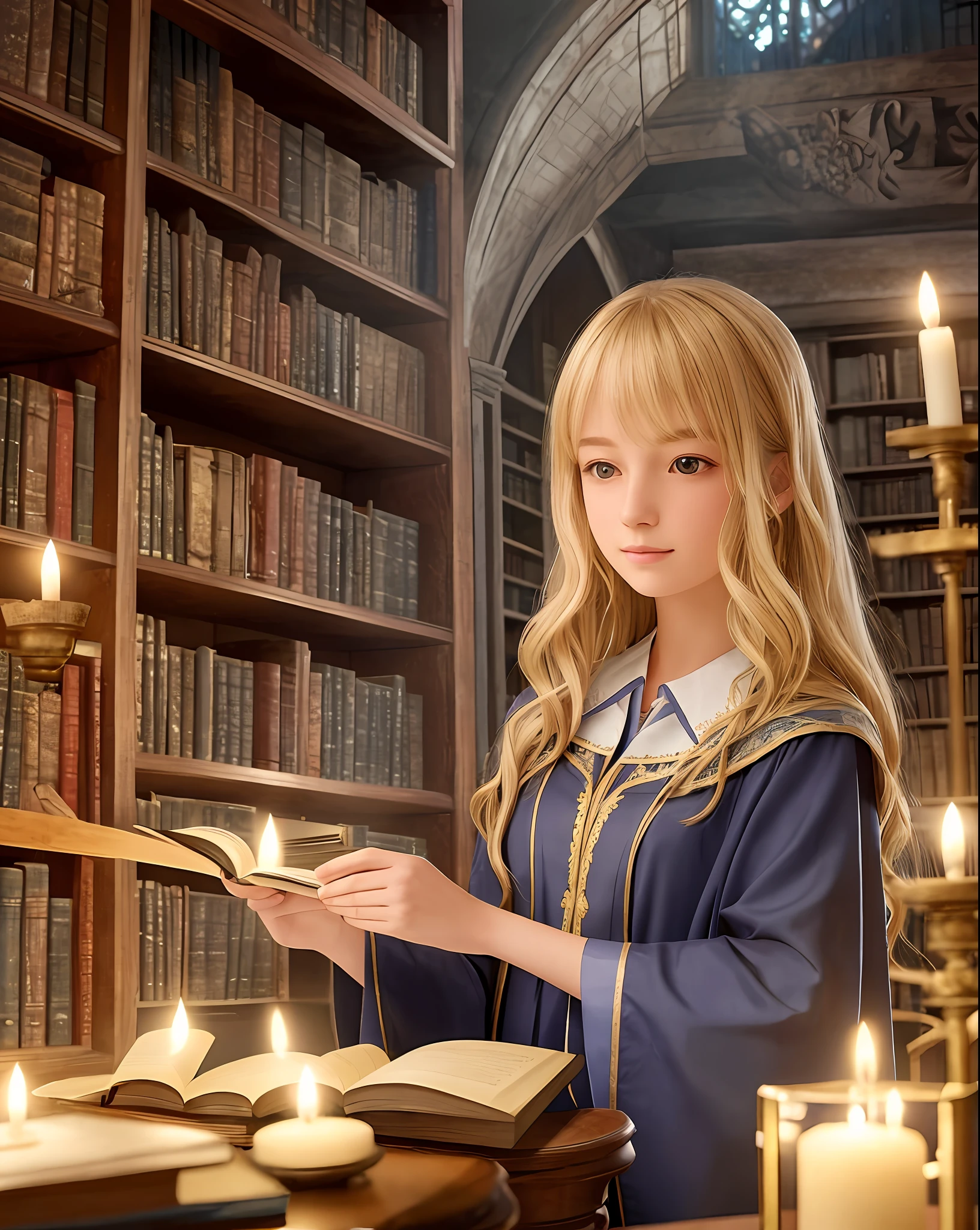 A captivating and enchanting photograph of a blonde student at a magical academy, immersed in her studies amidst the enchanting atmosphere of an ancient library filled with spellbooks and magical artifacts. The young student is dressed in the academy's traditional robes, adorned with the emblem of her house, as she intently reads a dusty tome that levitates before her, held aloft by a spell she has expertly cast. The photograph is beautifully composed using a Nikon D850 DSLR camera and a Nikkor 35mm f/1.8 lens, known for its sharpness and ability to render rich, vibrant colors. The camera settings are carefully chosen to capture the magical essence of the scene: an aperture of f/2, ISO 800, and a shutter speed of 1/60 sec, allowing the subtle, flickering glow of enchanted candles to illuminate the library's mysterious depths. The composition thoughtfully employs a shallow depth of field, placing the focus on the blonde student while the library's ancient, towering bookshelves fade softly into the background, adding a sense of wonder and intrigue to the scene. The photograph is further enhanced by the delicate play of light and shadow cast by the candles, casting a warm, ethereal glow that highlights the student's determination and passion for her magical studies. --ar 3:2 --q 2 --v 5