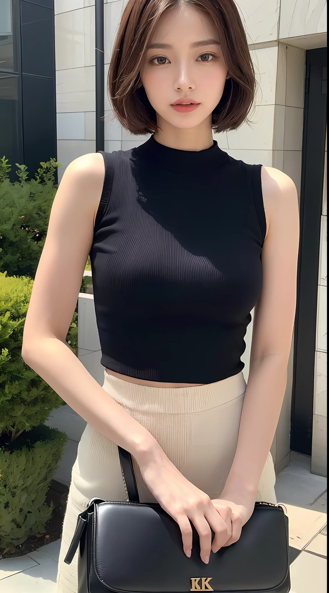 ((Top Quality, 8k, Masterpiece: 1.3)), Sharp Focus: 1.2, Beautiful Women with Perfect Style: 1.4, Slender Abs: 1.2, ((Dark Brown Hair, Big: 1.2)), (Natural Light, City Street: 1.1), Highly Detailed Face and Skin Texture, Detailed Eyes, Double Eyelids, Pixie Bob, Sleeveless Shirt, Breast Bulge, Chest Tight, Good Posture, shoulder bag on the lapel, sideways,