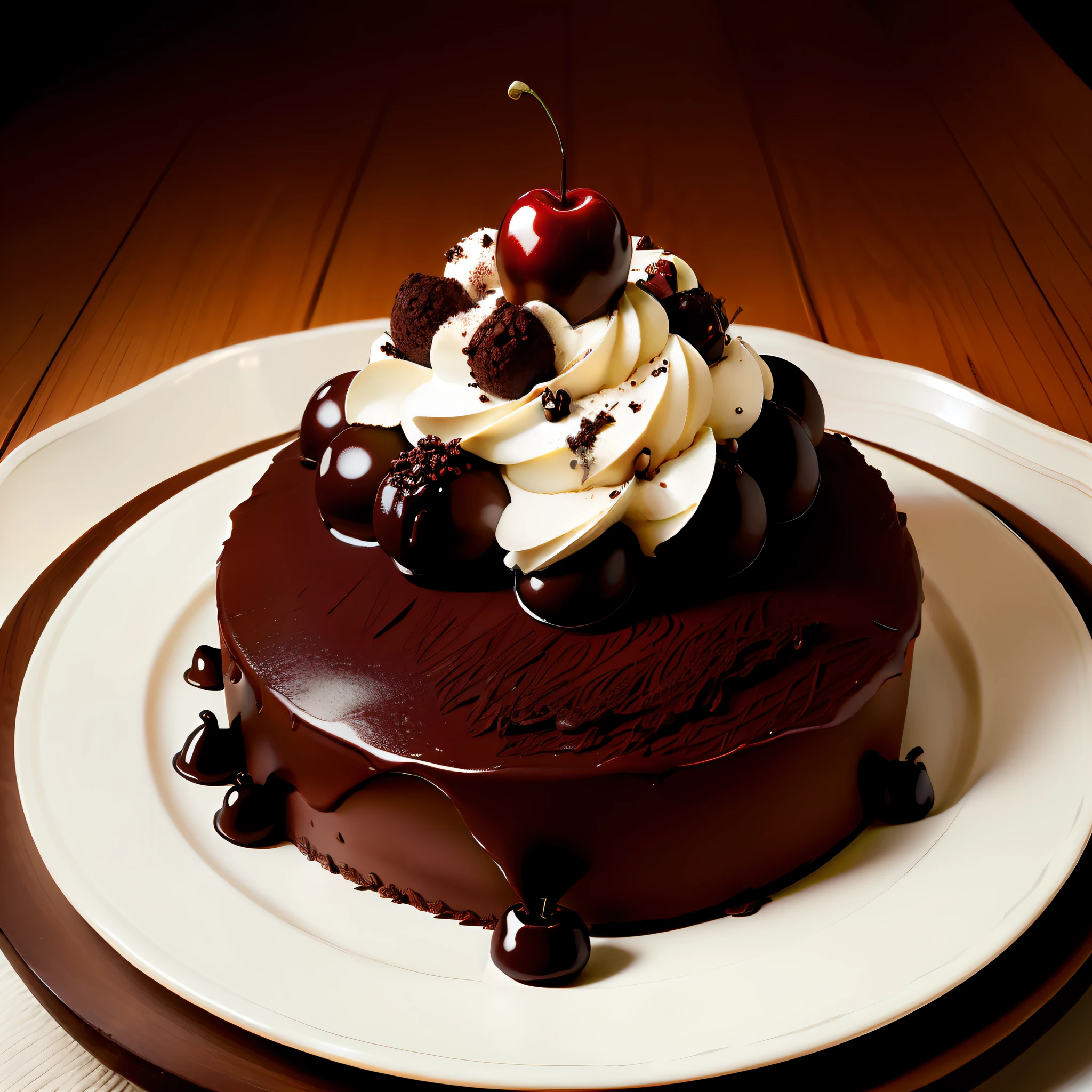 anthill home made of chocolate cake, truffles, large Ants, whipped cream, cherries, fantasy