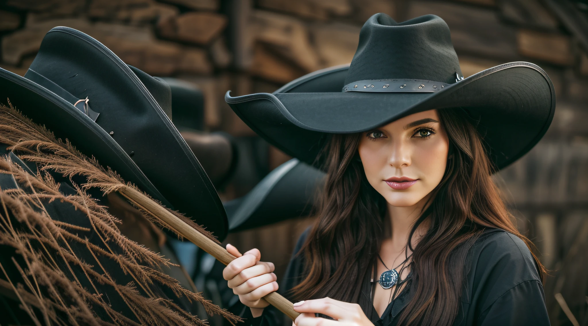 Woman in a black hat holding a broom and a broom, cowgirl, beautiful cowboy witch, western cowgirl, cow-girl, female cowgirl, wearing a cowboy hat, wearing cowboy hat, black witch hat and broom, black stetson hat, drunk red cowboy long hair, wearing black witch hat, cowboy themed, cowboy hat, with hat, full product shot