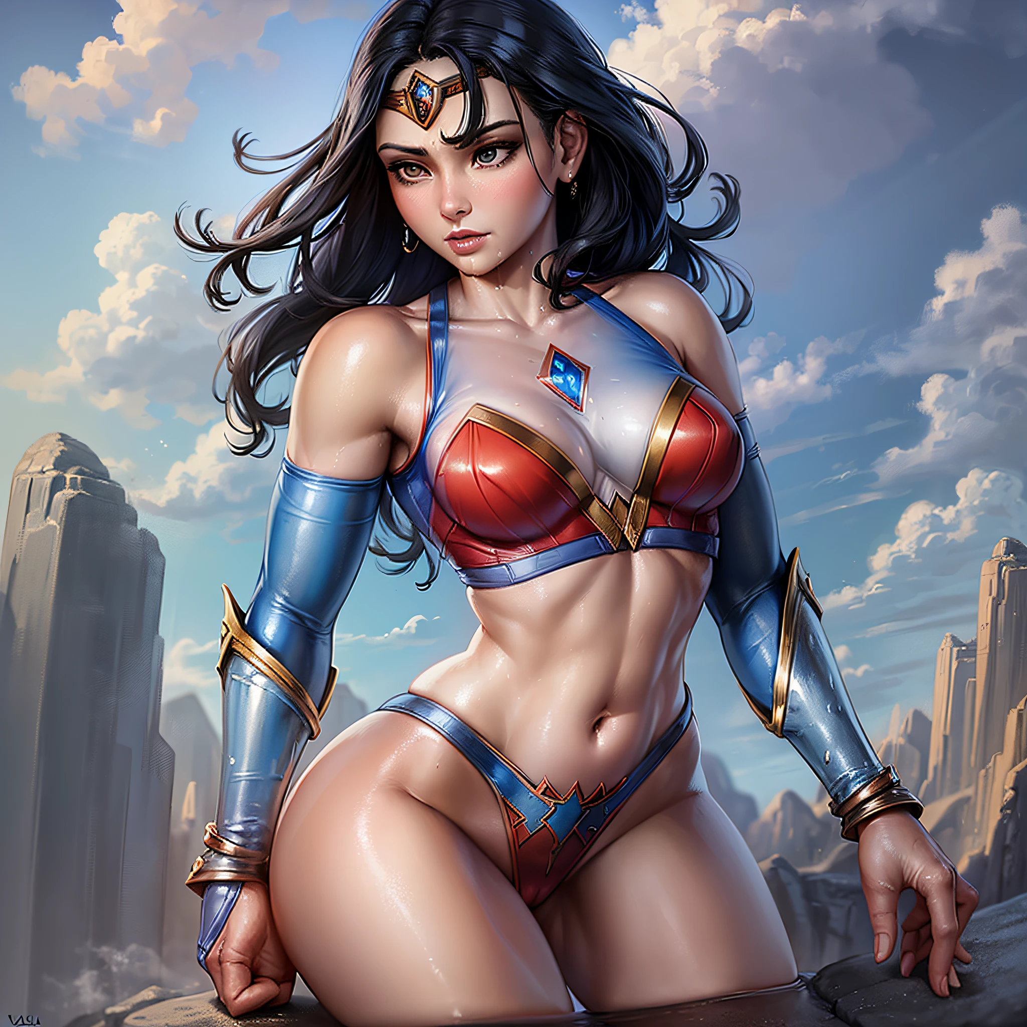 A closeup of wonder woman standing on a rock, extremely detailed artgerm, artgerm comic, using blue and red alloy, (using, ((vaporous:1.2) (transparent:1.2) (white: 0.6) (chiffon) (crop top) grabbed (wet: 1.4) skin ): 1.2))),