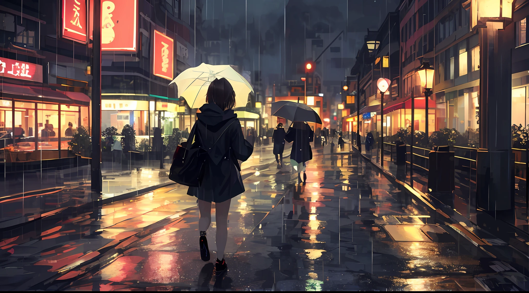 There is a woman walking down the street showing her face with an umbrella, rainy night, rainy night, late night raining, after rain and no girl, rainy streets in the background, rainy street, rainy city at night, rainy atmosphere, rainy cyberpunk city, rainy day, rainy night city street, rainy mood, in the rain, rainy scene, rainy urban streets