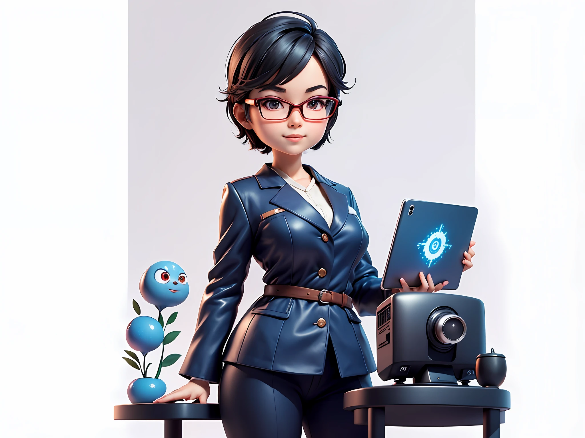 (Masterpiece), (Excellent), (Super Meticulous), (Full Body: 1.2), Super Young Woman, Beautiful, Sexy, Bursting, Oriental Face, TV Anchor, Bust Portrait Illustration, Alone, Black Suit, Blue Tie, Silver Glasses, Slightly Chubby Face, Very Clean Face, No Beard, Black Super Short Hair, Black Eyes, Confident Smile, 3c Computer Sub-Products, iPad, iPhone, Digital Painting, 3D Character Design by Mark Claireldon and Pixar and Hayao Miyazaki, The illustration is a high-definition illustration in 4K resolution with very detailed facial features and cartoon-style visuals.