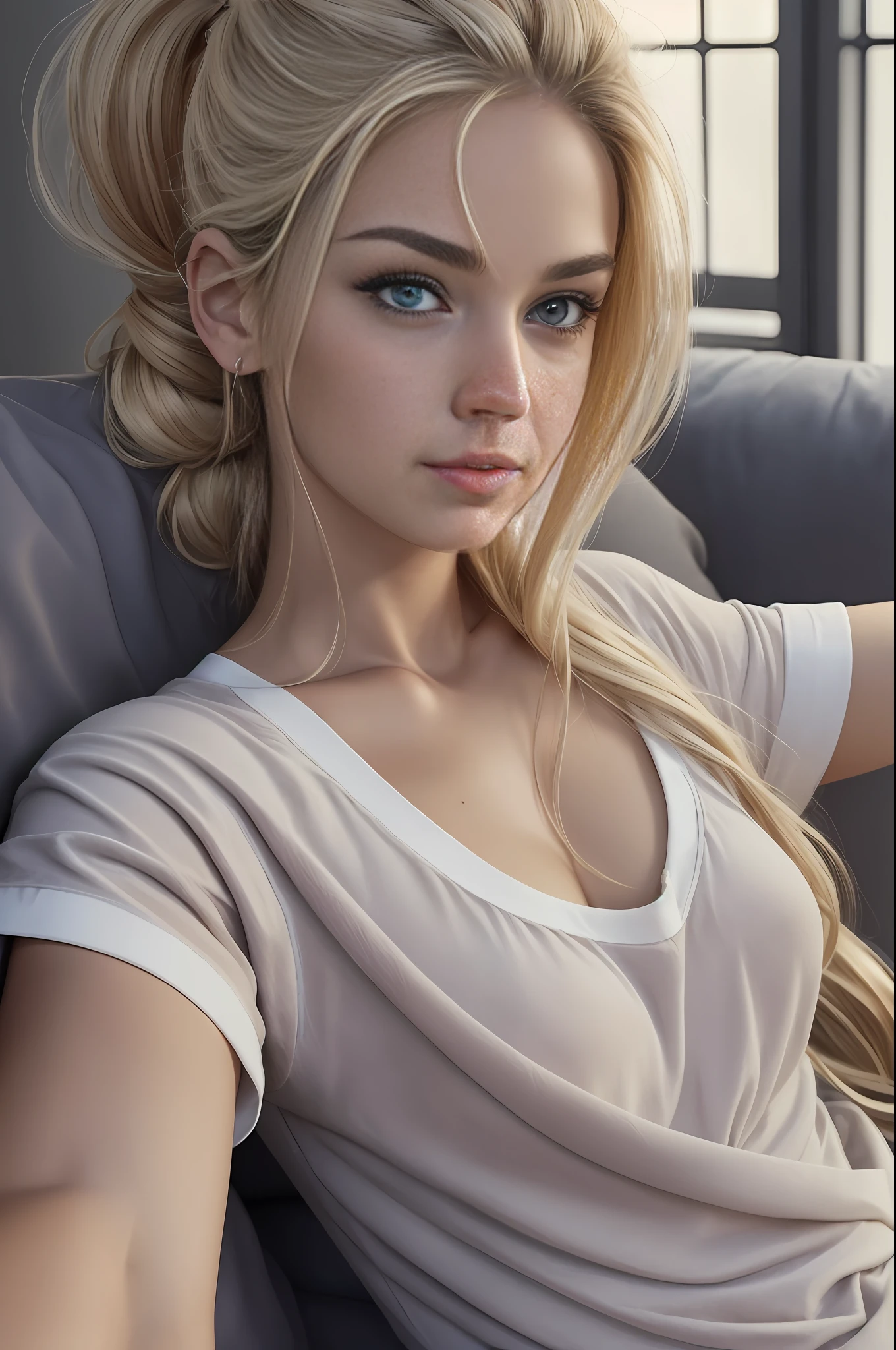 absurdres, RAW photo, highest quality, (masterpiece: 1.3), high detail RAW color photo, professional photo, extremely detailed CG 8k wallpaper unit, photo-realistic, realistic, RAW photo, masterpiece, best quality, highres,
1girl, 19 YEARS OLD, white, blonde hair, wavy, Average length, unkempt hair, ponytail, beautiful body, perfect gorgeous face, beautiful light brown realistic eyes, fair skin, detailed skin texture, very small natural breasts. Serious. Guy who just woke up. Lying on a couch with a blanket. Selfie angle. (Sleeping T-shirt, simple design). An ordinary house, small, dark.