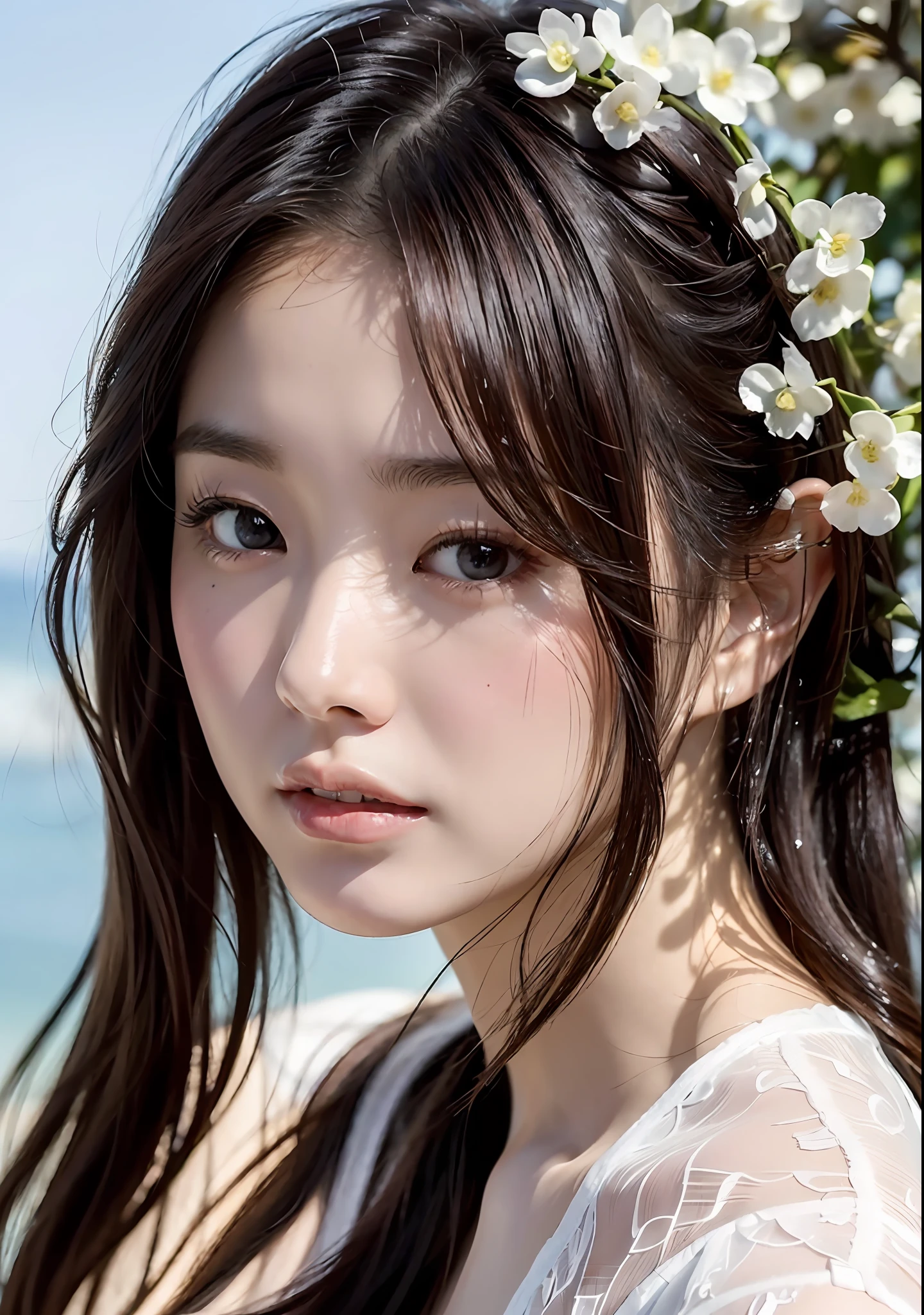 ((top quality, 8k, masterpiece: 1.3)), women (full body portrait, white lace clothes, entering the sea), outdoors, background blue sky, overhead camera, sharp focus: 1.2, cute woman: 1.4, ((long hair)), very detailed face and skin and hair texture, wet texture hair, wet body, detailed eyes, double eyelids, white skin, beautiful legs, beautiful delicate nose, Cute young Japan woman, 28 years old, at a dynamic angle, is pleasing to the eye and suggestive composition, emphasizing the subject's hair, eyes, mouth and action, while exuding melancholy emotions characterized by a contrasting mix of muted tones and light and shadow.