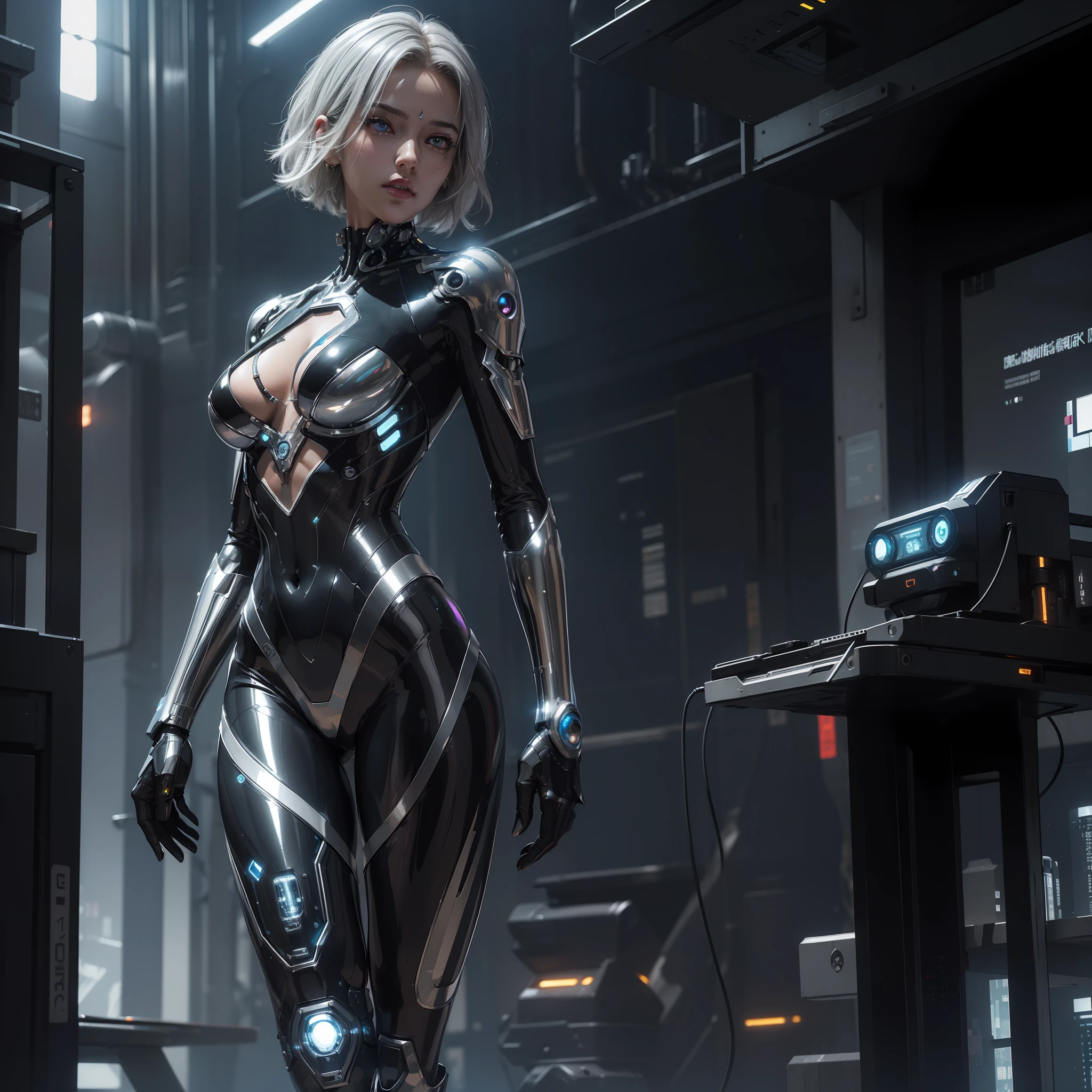 (highest quality, masterpiece, ultra high definition), (short hair, silver), (jewel-like eyes, cybernetic), (cyberpunk style, shiny black skin tight suit, transparent high-tech material, internal circuits and energy flow visible)