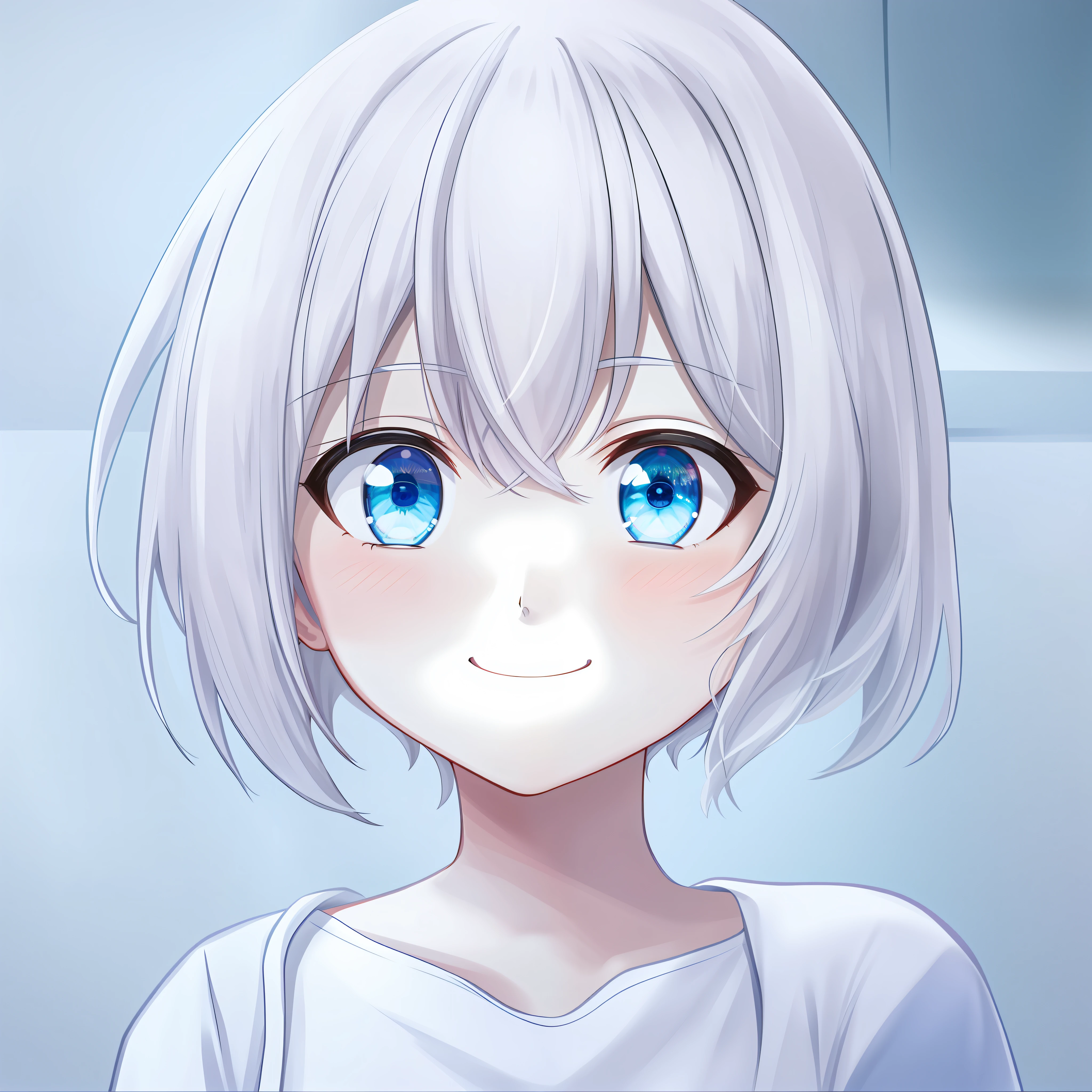 Anime girl, smiling, happy, blue eyes, white hair, white t-shirt