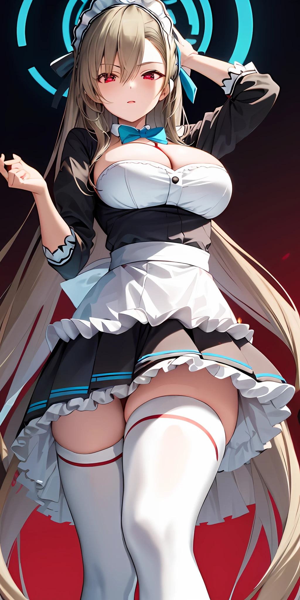 1girl, solo, asuna, long hair, large breasts, cleavage, (maid outfit, thighhighs, blue bowtie), standing, (glowing red eyes), (from below view), (red background)