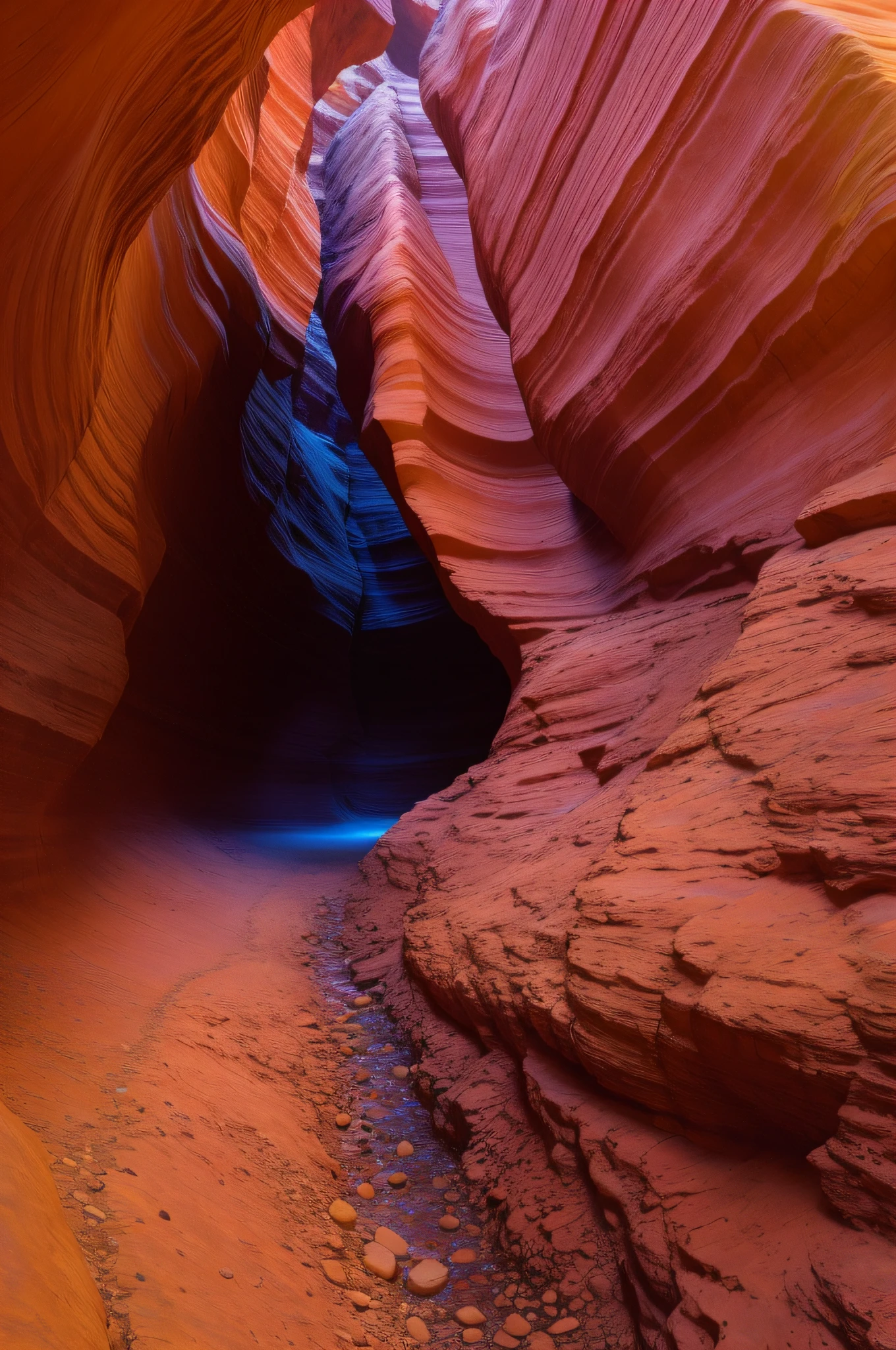 arafed canyon with a narrow opening and a stream running through it, antelope canyon, mysterious canyon streams, colorful ravine, canyon, in a large desert cave, canyons, canyon background, brown canyon background, inside a gorge, red sandstone natural sculptures, inside of a cave, the planet is warm with canyons, cavernous, canyon topography --auto --s2