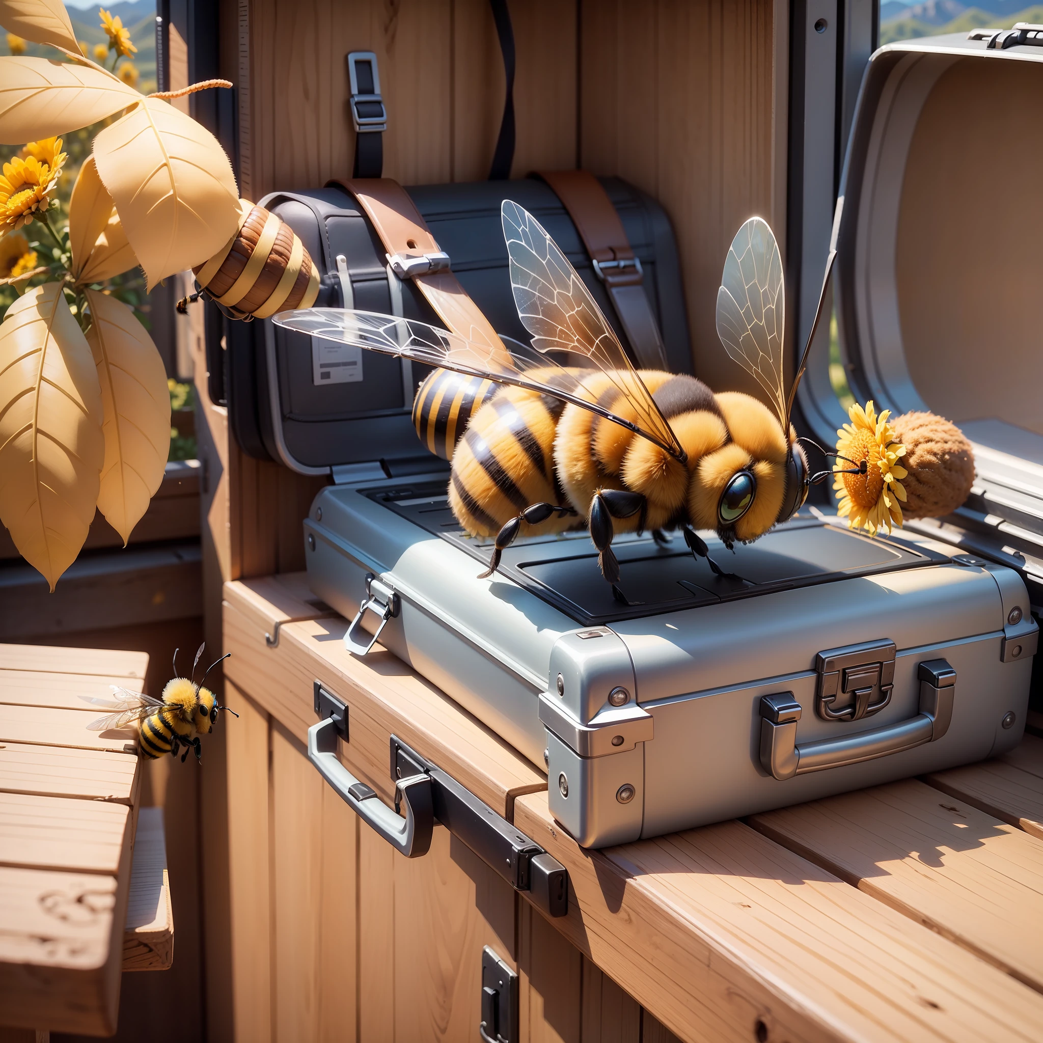 a flying bee trying hard to close a briefcase full of honey buns, dressed as an FBI cop with a green field, mountains, blue sky, and yellow flowers in the background --auto --s2