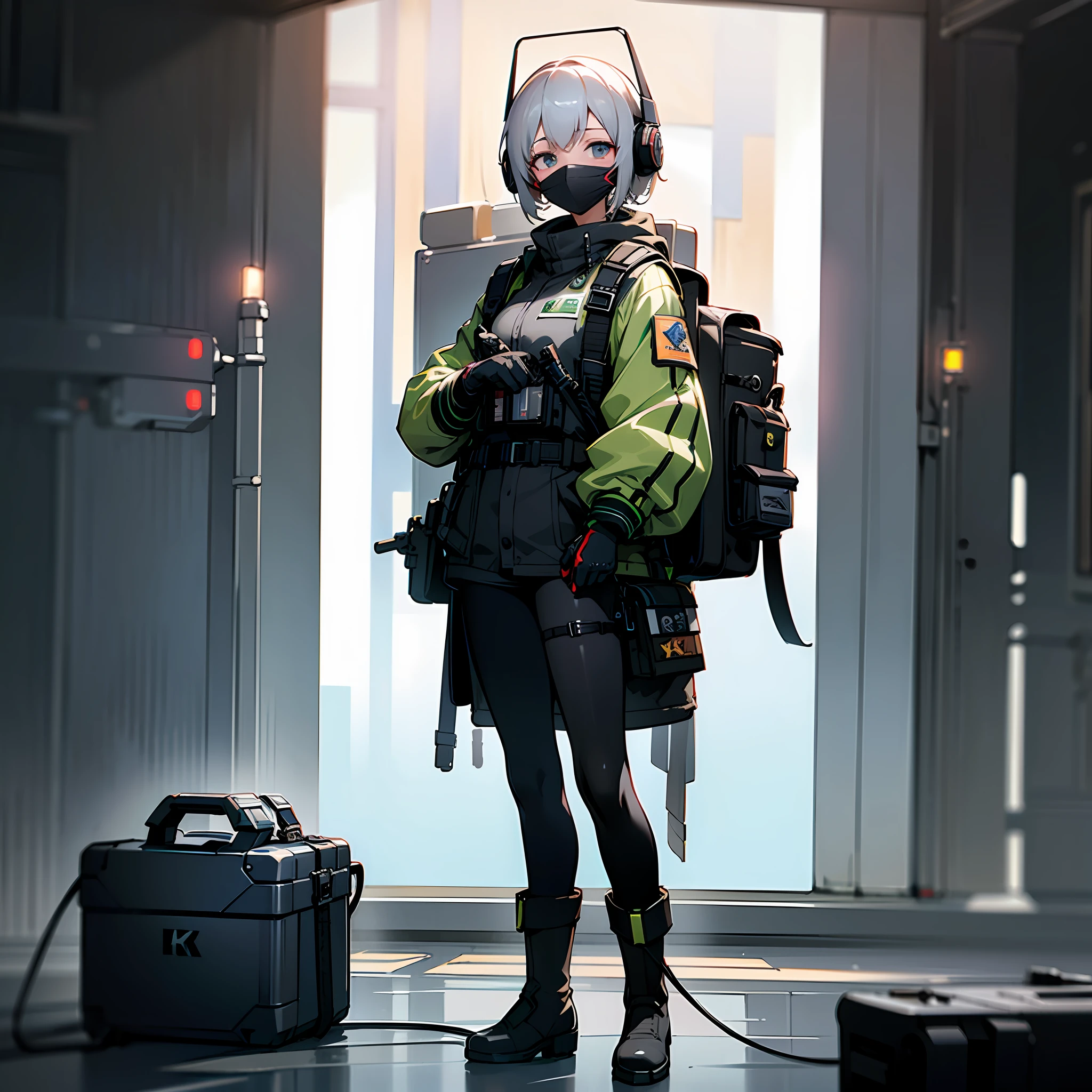 ((high quality)), ((masterpiece)), 8k, 2girls, bulletproof vest, light rays, extremely detailed CG unity 8k wallpaper, game cg, looking at viewer, gloves, boots, full body, watch, computer, mask, drone, holding weapon, headphones, jacket, bag, backpack,
