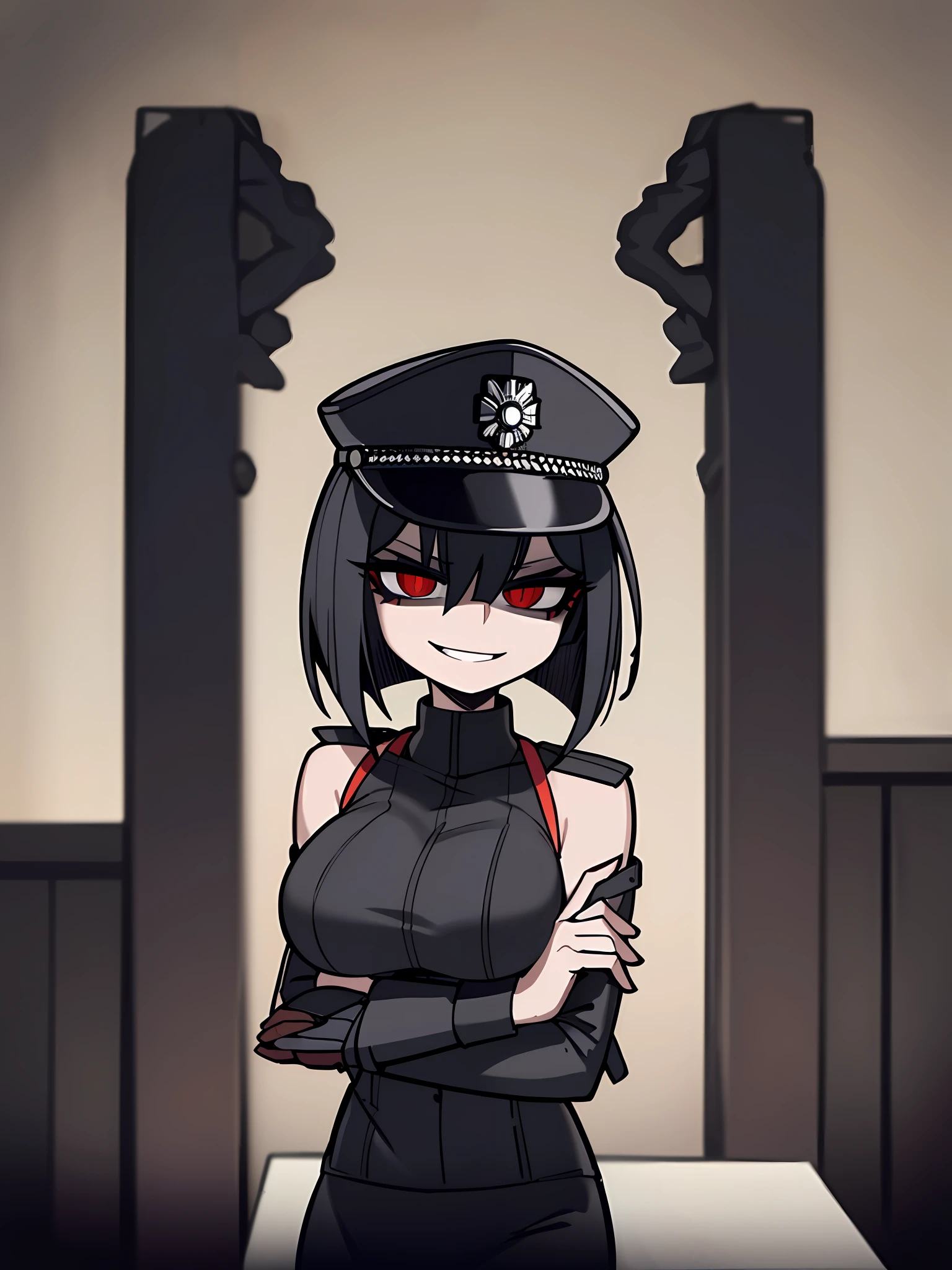 ((Masterpiece, top quality, super definition, ultra definition)), Solo, Full body, (((27-year-old goth woman in German official black leather uniform)))), ((wearing a black army leather hat)), ((Clear expression of body unevenness)), looking at the camera, (sitting with her back to the wall and bent knees), female body, nipple shape stands out, (((absurdly large breasts)),  red eyes, ((black hair bob)), front zoom, horizontal seat, yandere, (strong makeup), constricted pupils, blank star, (SFW), dark, detailed hands, (tall woman), ((sadistic smile)), sharp focus, dynamic angle, deep shadows