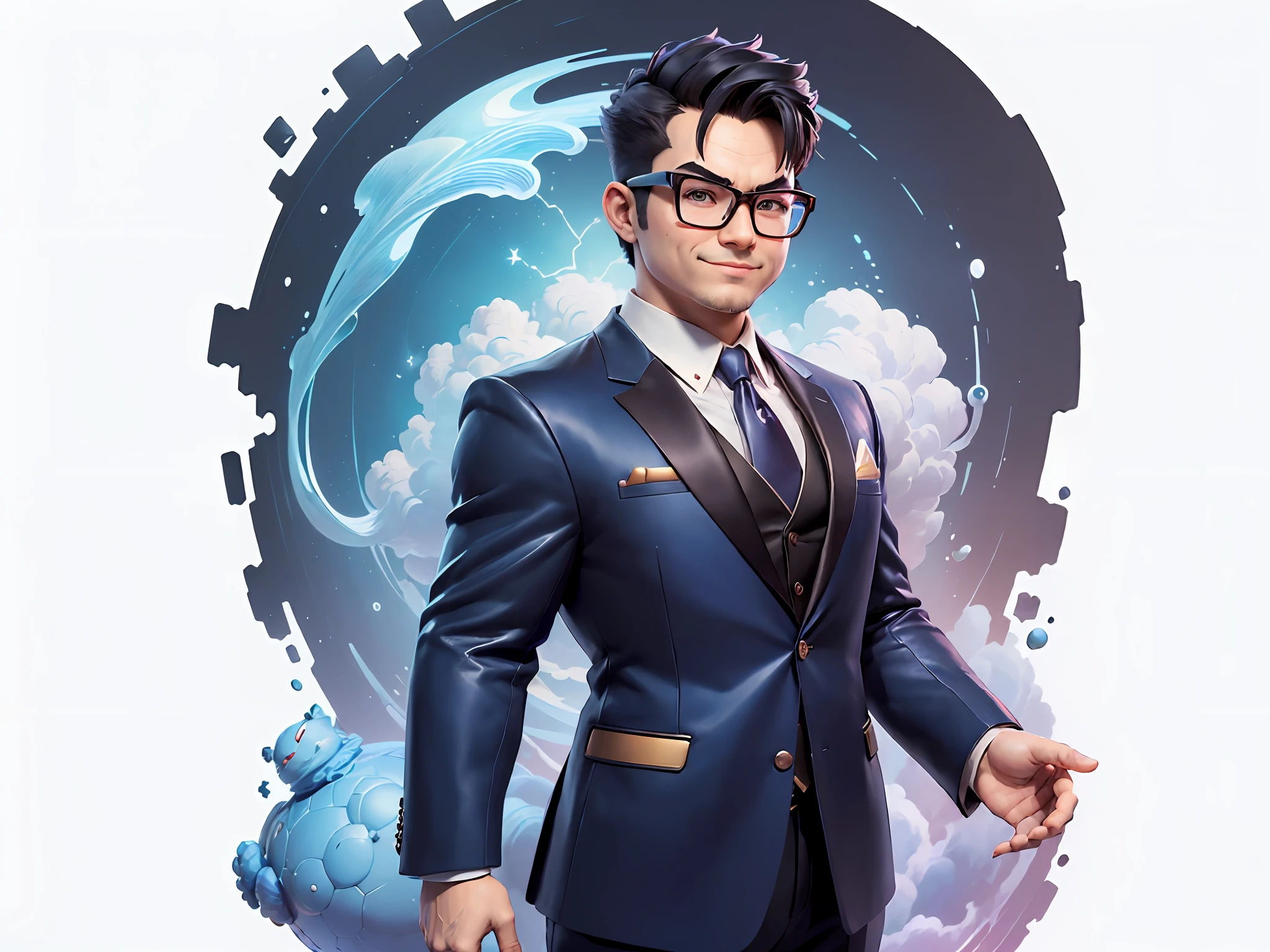 (((Masterpiece), (Excellent), (Super Meticulous), (Full Body: 1.2), Super Young Man, Oriental Face, Japanese Wind and Thunder God, Dragon, Tiger, TV Anchor, Bust Portrait Illustration, Alone, Black Formal Suit, Blue Tie, Slightly Chubby Face, Silver Glasses Face Very Clean No Beard, Black Super Short Hair, Black Eyes, Confident Smile, 3c Computer Sub-Products, iPad, iPhone, Digital Painting, 3D Character Design by Akira Toriyama and Mark Claireden and Pixar and Hayao Miyazaki, The illustration is a high-definition illustration in 4K resolution with very detailed facial features and cartoon-style visuals.