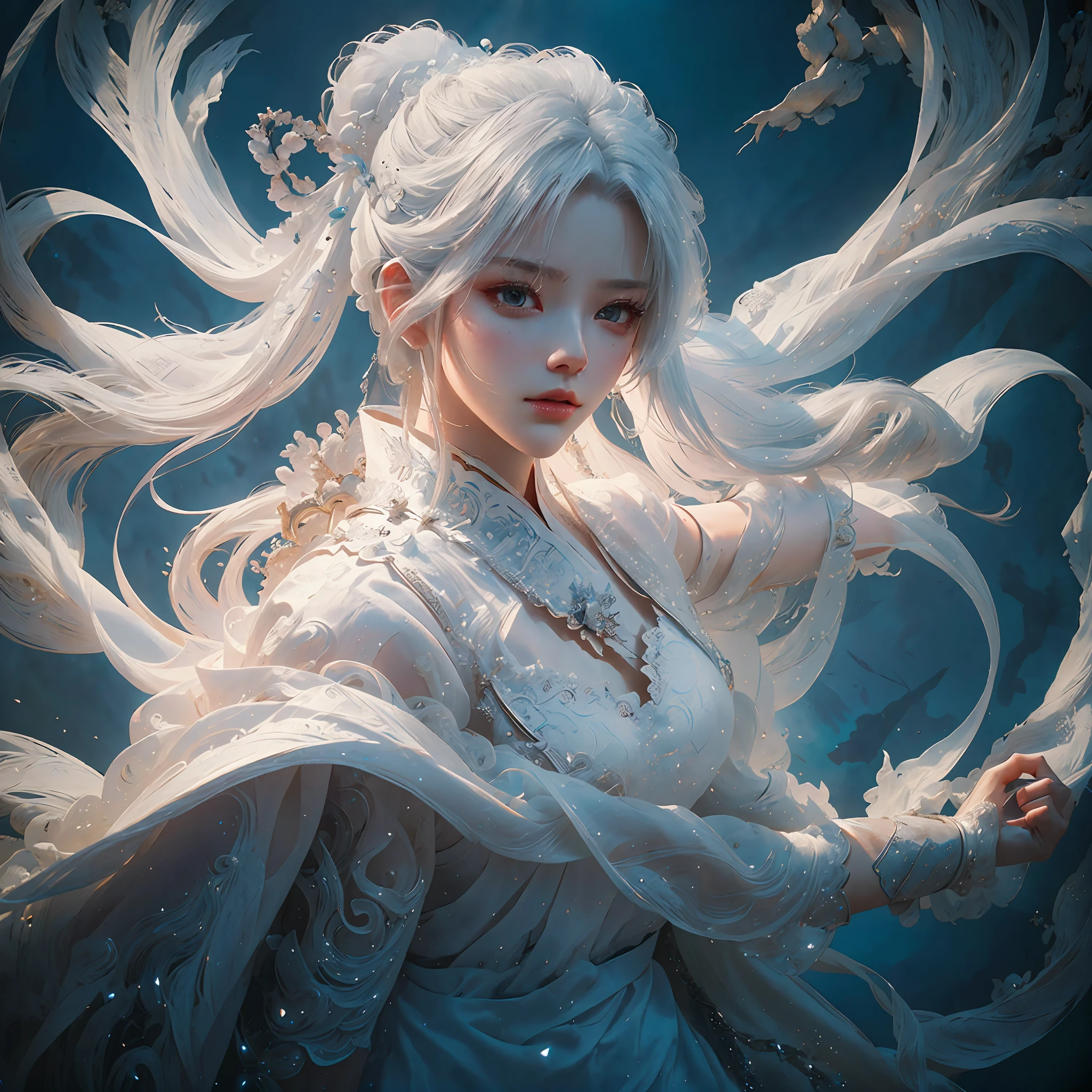 (Close-up of a woman in a white dress holding a sword, fighting posture, sharp eyes, portrait of Yang J, fantasy art, beautiful character painting, Guwiz style art, Guwiz, white Hanfu, flowing white robes, full body martial arts, exquisite epic character art, stunning character art, assassin, beautiful eminine, maximum quality. --auto --s2